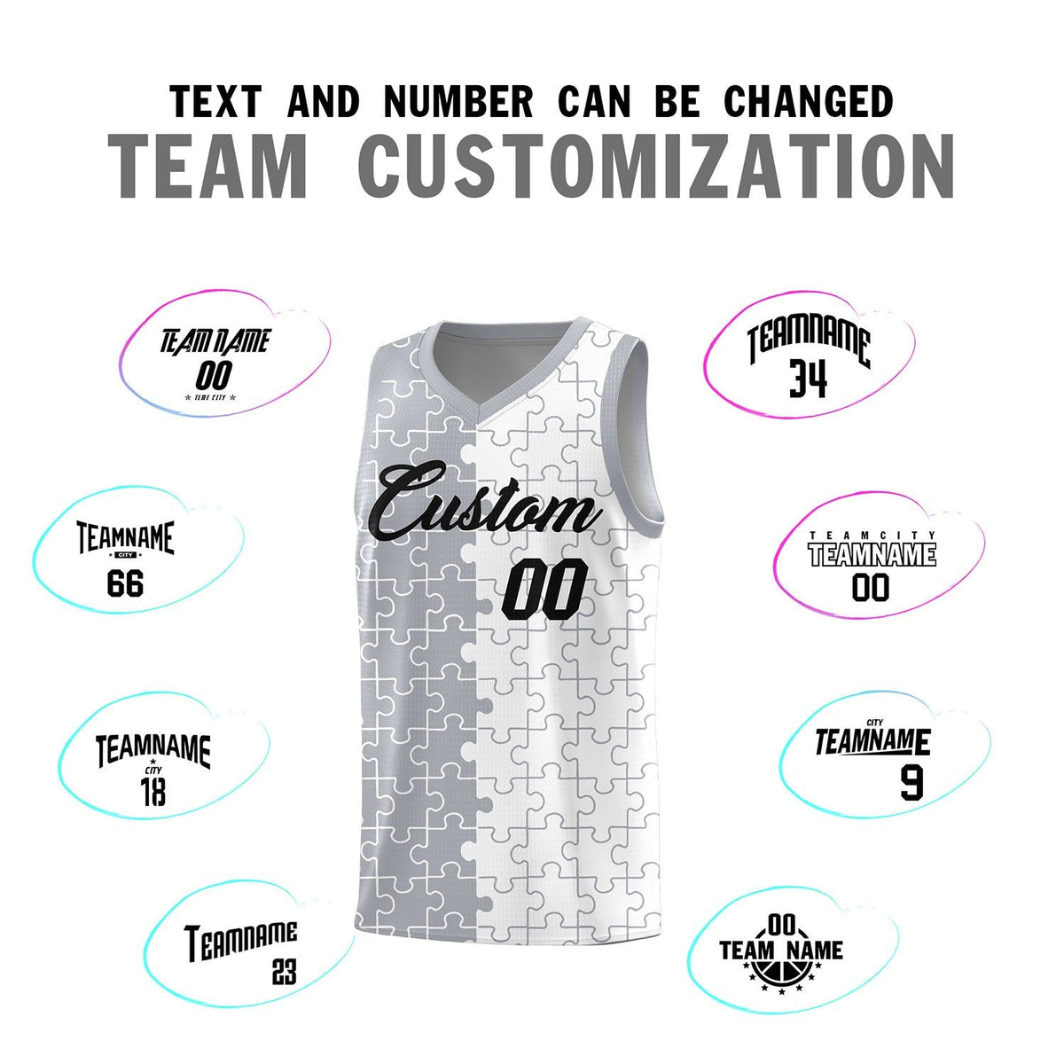 Custom Youth Basketball Jersey Gray White Puzzle Pattern Personalized Team Uniform