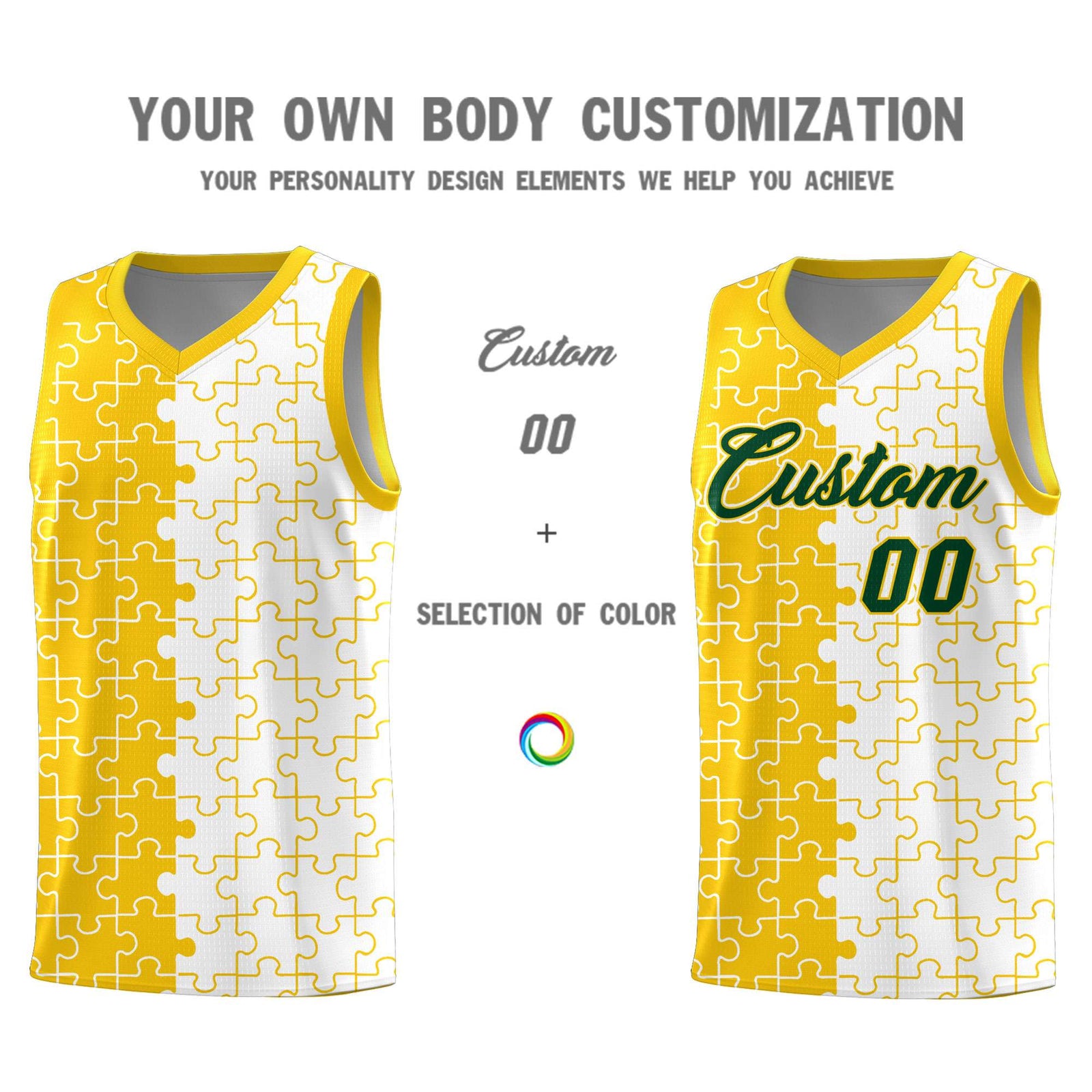 Custom Youth Basketball Jersey Gold White Puzzle Pattern Add Name, Number & Team Logo