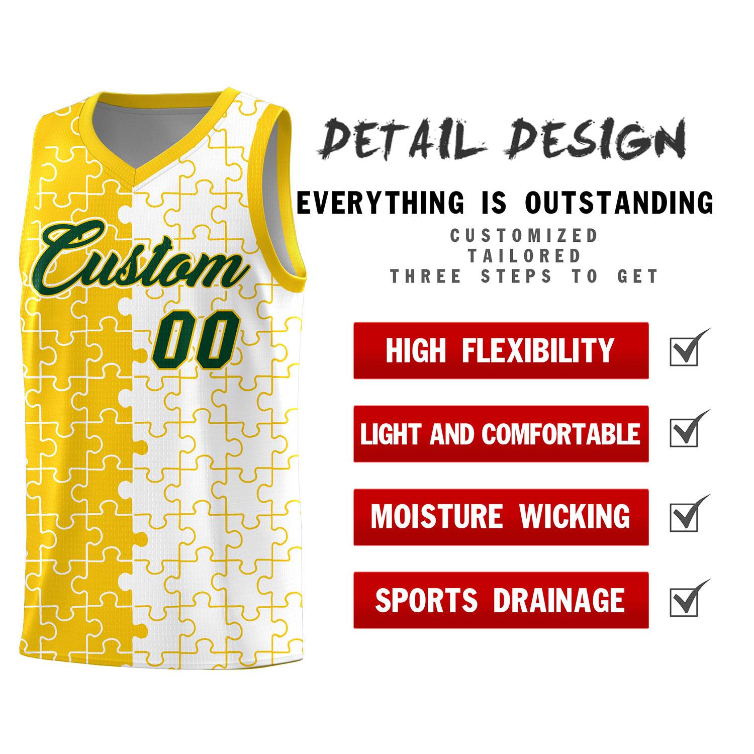 Custom Youth Basketball Jersey Gold White Puzzle Pattern Add Name, Number & Team Logo