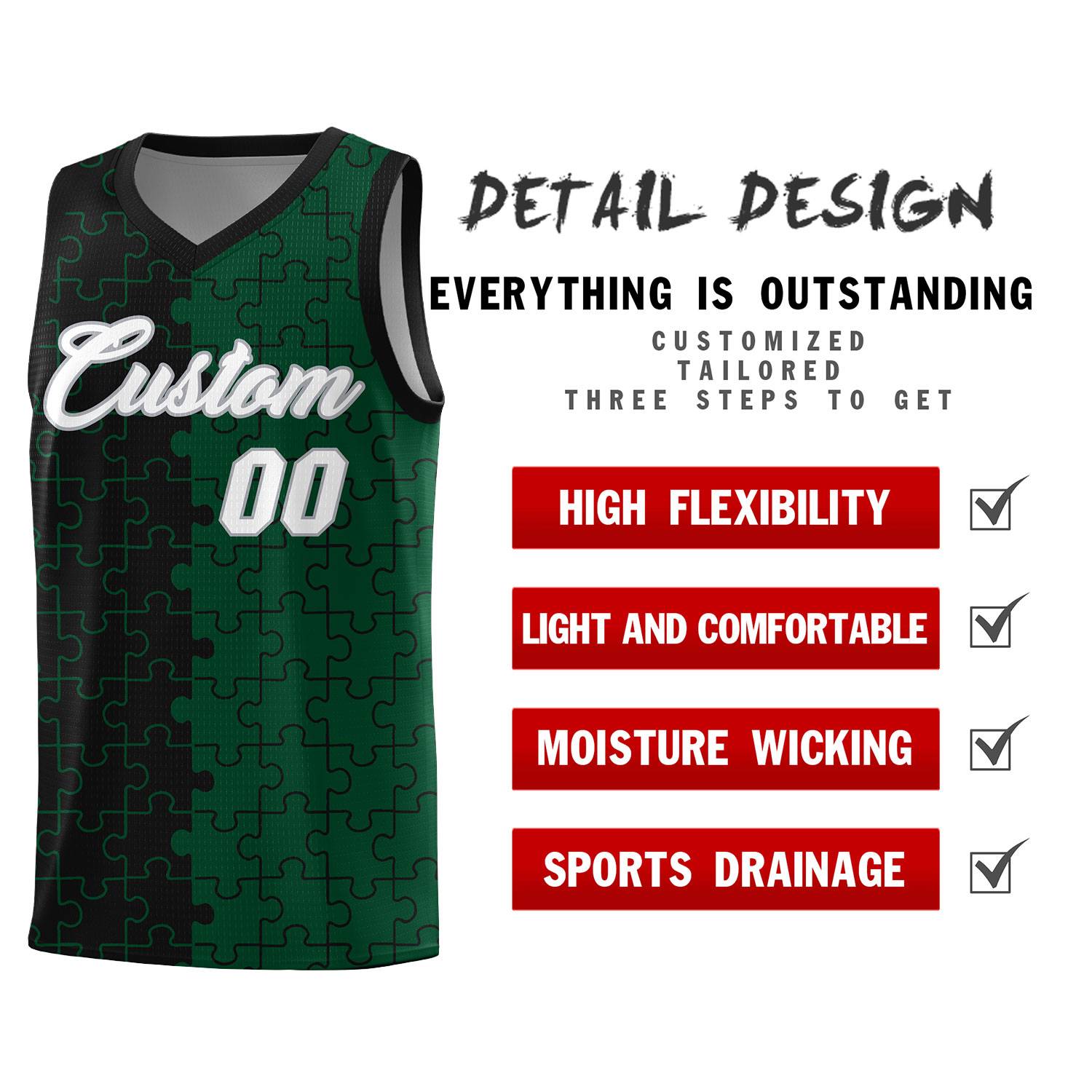 Custom Youth Basketball Jersey Black Green Puzzle Pattern Breathable Team Uniform