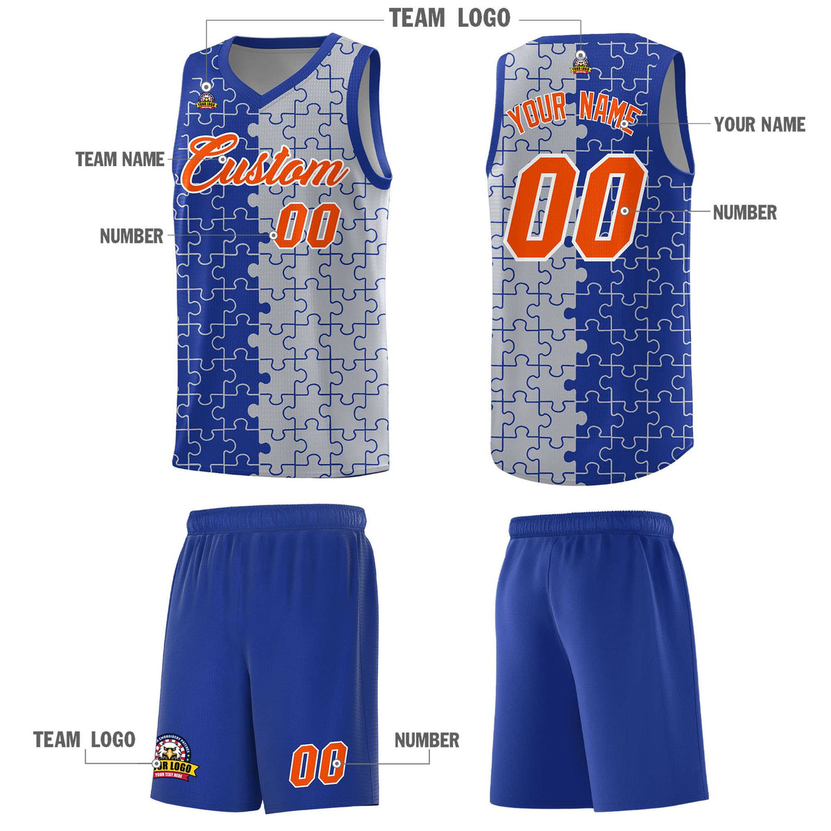 Custom Youth Basketball Jersey Royal Blue Gray Puzzle Pattern Moisture-Wicking Team Uniform
