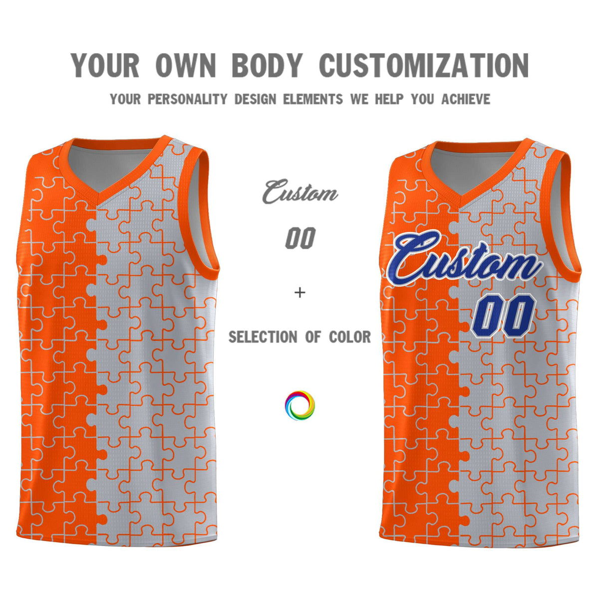 Custom Youth Basketball Jersey Orange Gray Puzzle Pattern Personalized Team Uniform