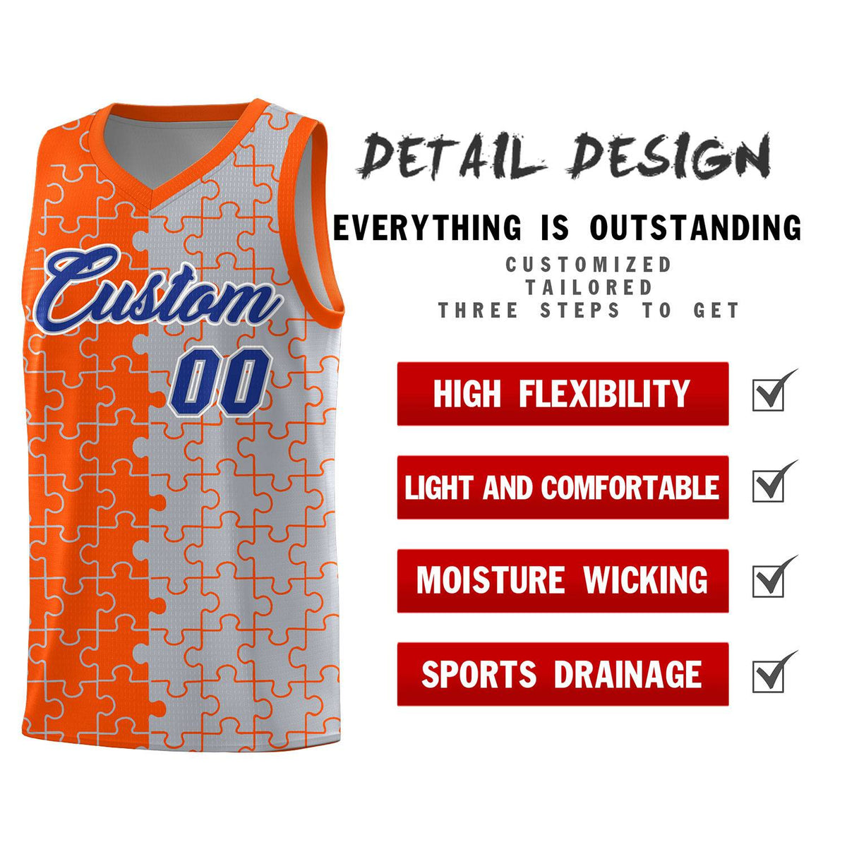 Custom Youth Basketball Jersey Orange Gray Puzzle Pattern Personalized Team Uniform