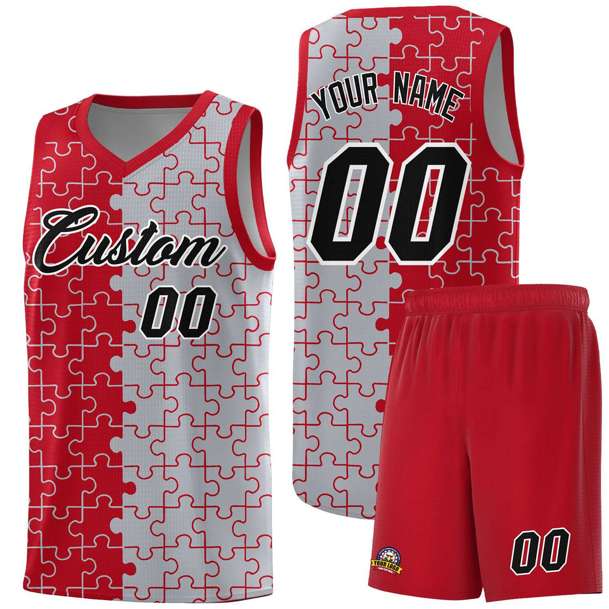 Custom Youth Basketball Jersey Red Gray Puzzle Pattern Add Name, Number & Team Logo