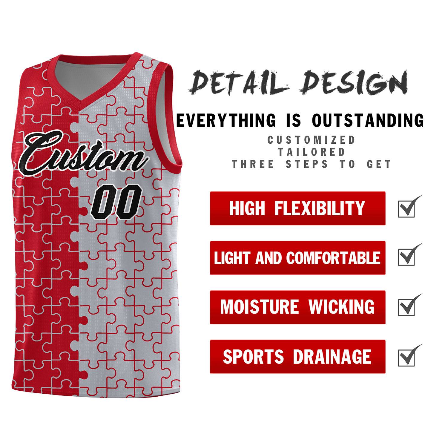 Custom Youth Basketball Jersey Red Gray Puzzle Pattern Add Name, Number & Team Logo