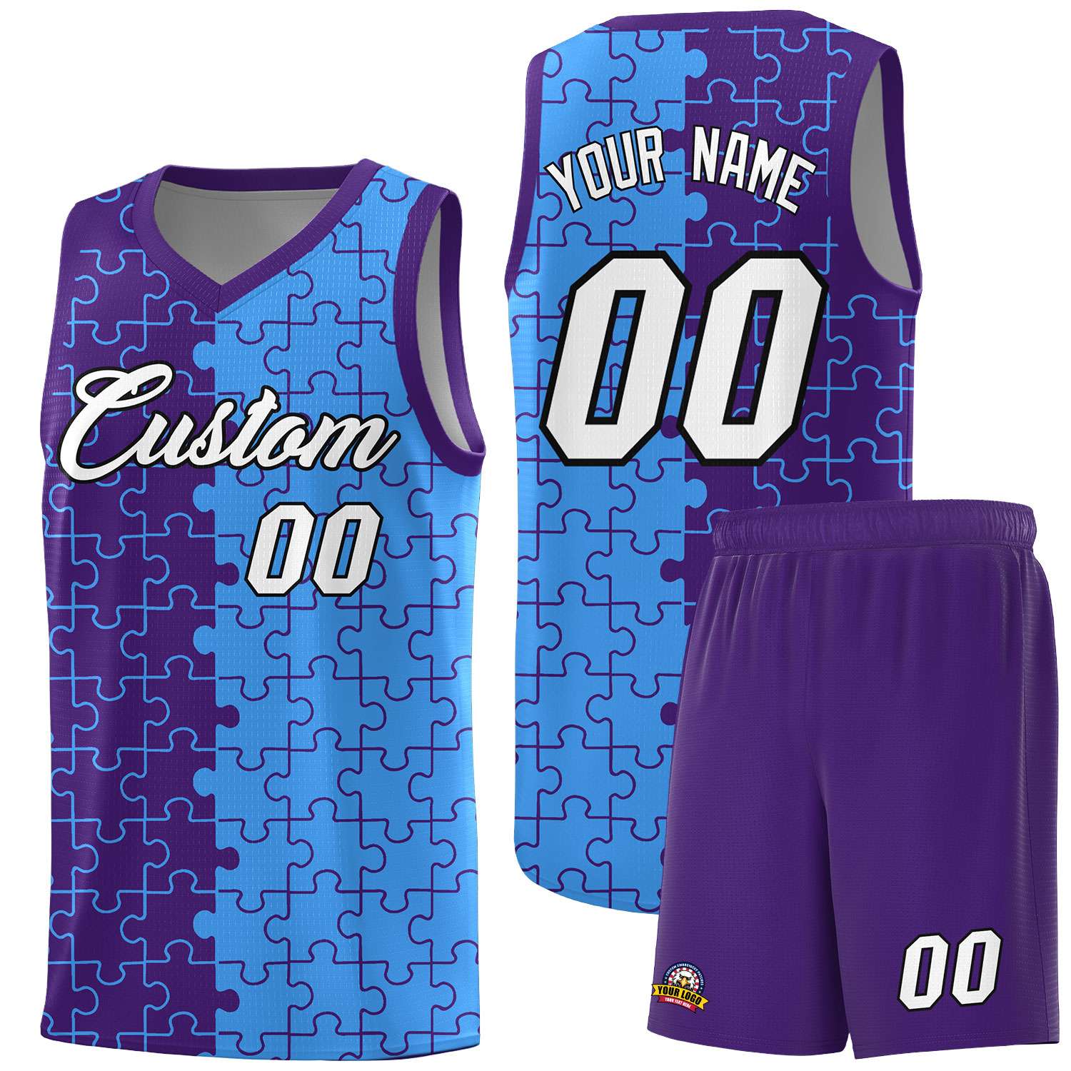 Custom Youth Basketball Jersey Purple Light Blue Puzzle Pattern Breathable Team Uniform