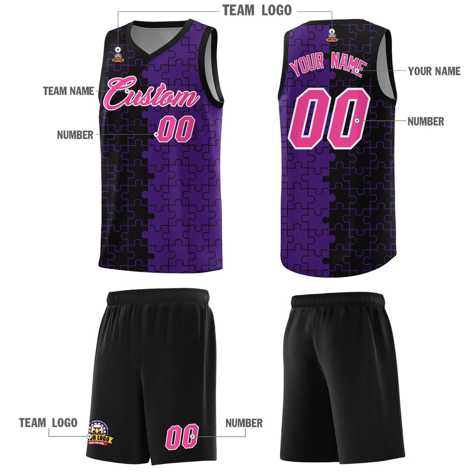 Custom Youth Basketball Jersey Black Purple Puzzle Pattern Personalized Team Uniform