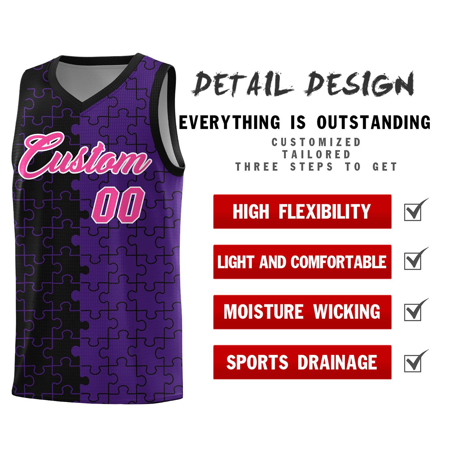 Custom Youth Basketball Jersey Black Purple Puzzle Pattern Personalized Team Uniform