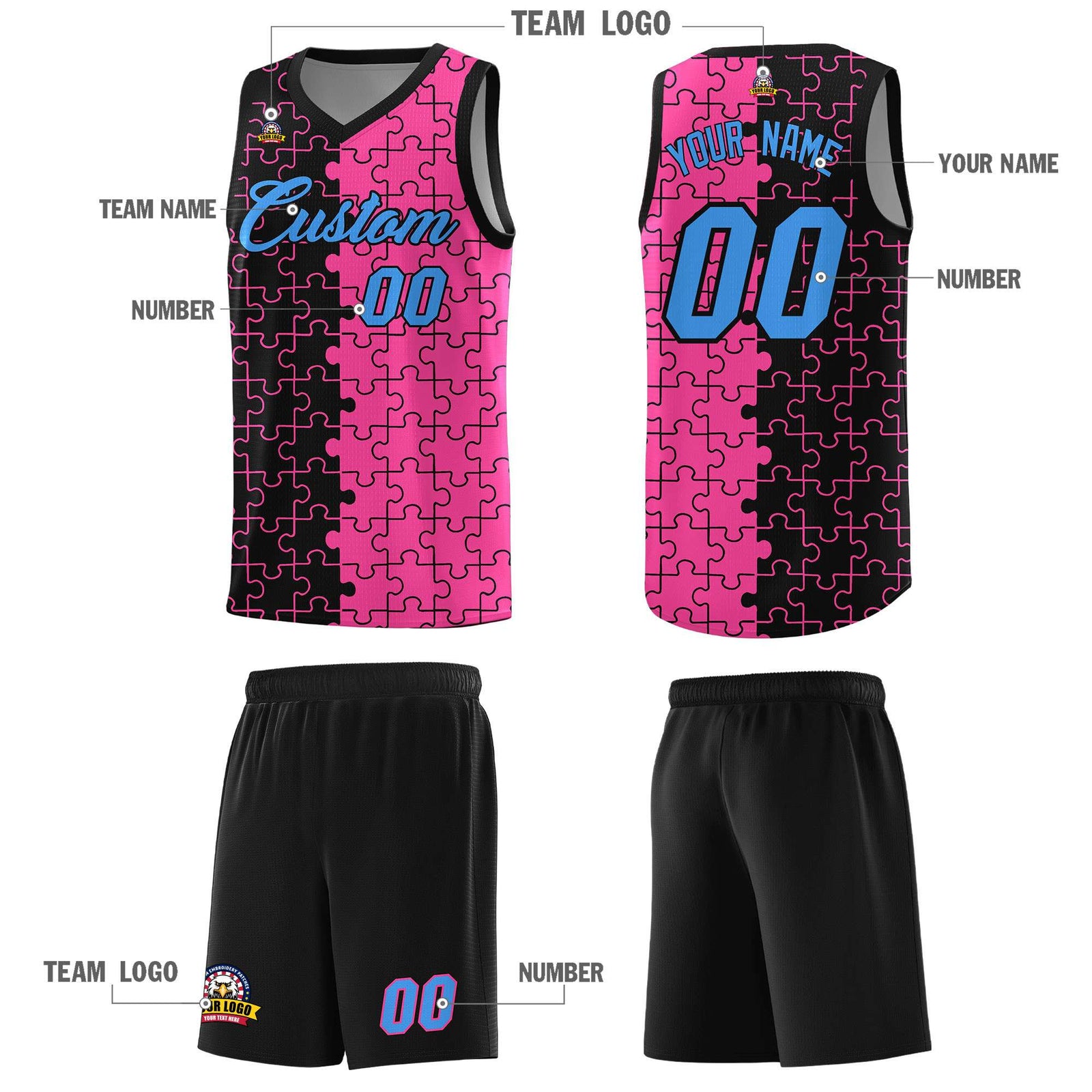 Custom Youth Basketball Jersey Black Pink Puzzle Pattern Add Name, Number & Team Logo