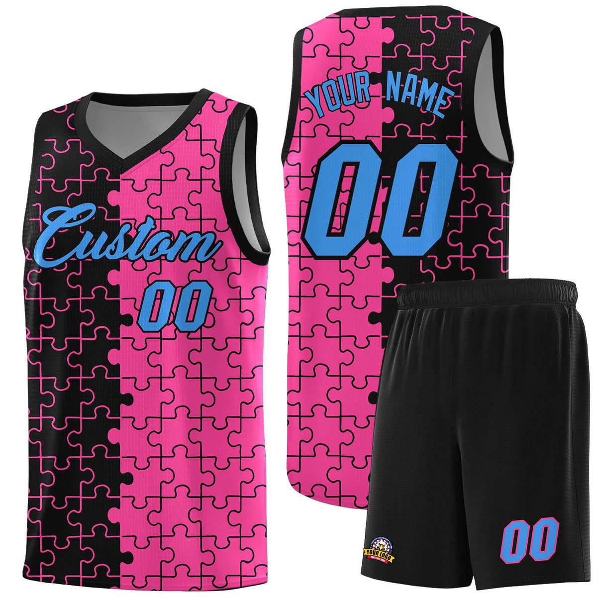 Custom Youth Basketball Jersey Black Pink Puzzle Pattern Add Name, Number &amp; Team Logo
