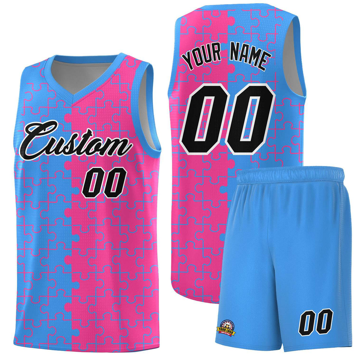 Custom Youth Basketball Jersey Light Blue Pink Puzzle Pattern Breathable Team Uniform
