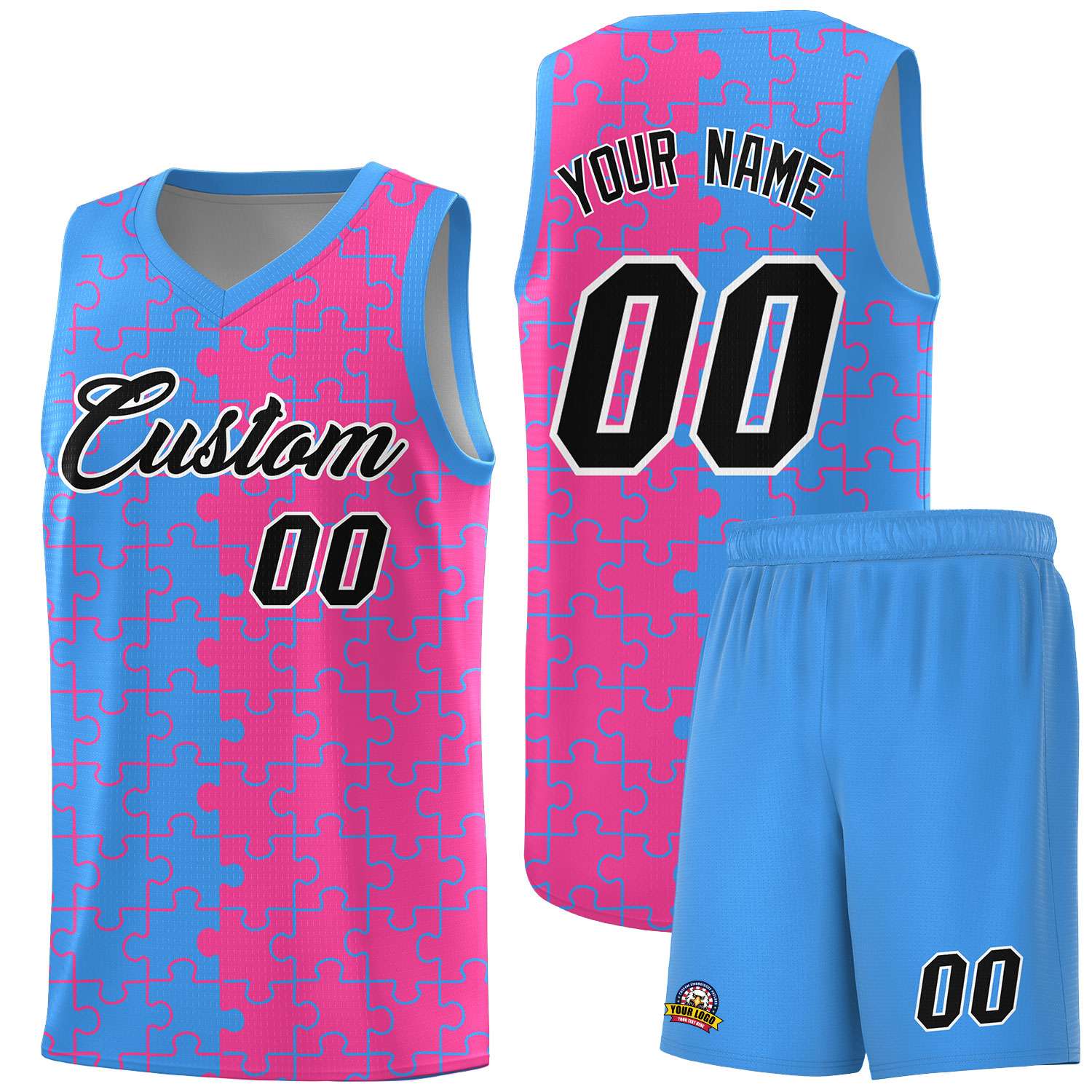 Custom Youth Basketball Jersey Light Blue Pink Puzzle Pattern Breathable Team Uniform