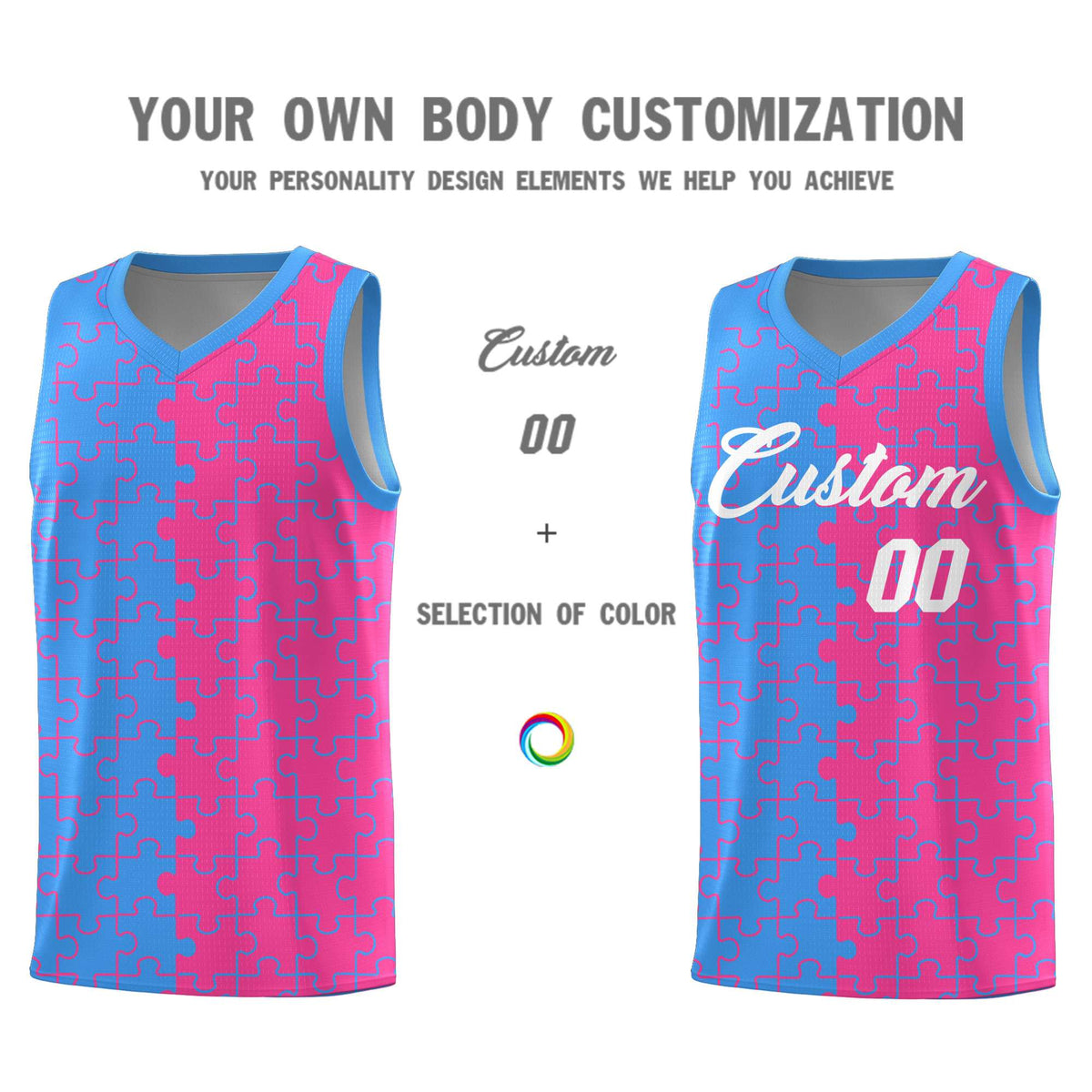 Custom Youth Basketball Jersey Light Blue Pink Puzzle Pattern Moisture-Wicking Team Uniform