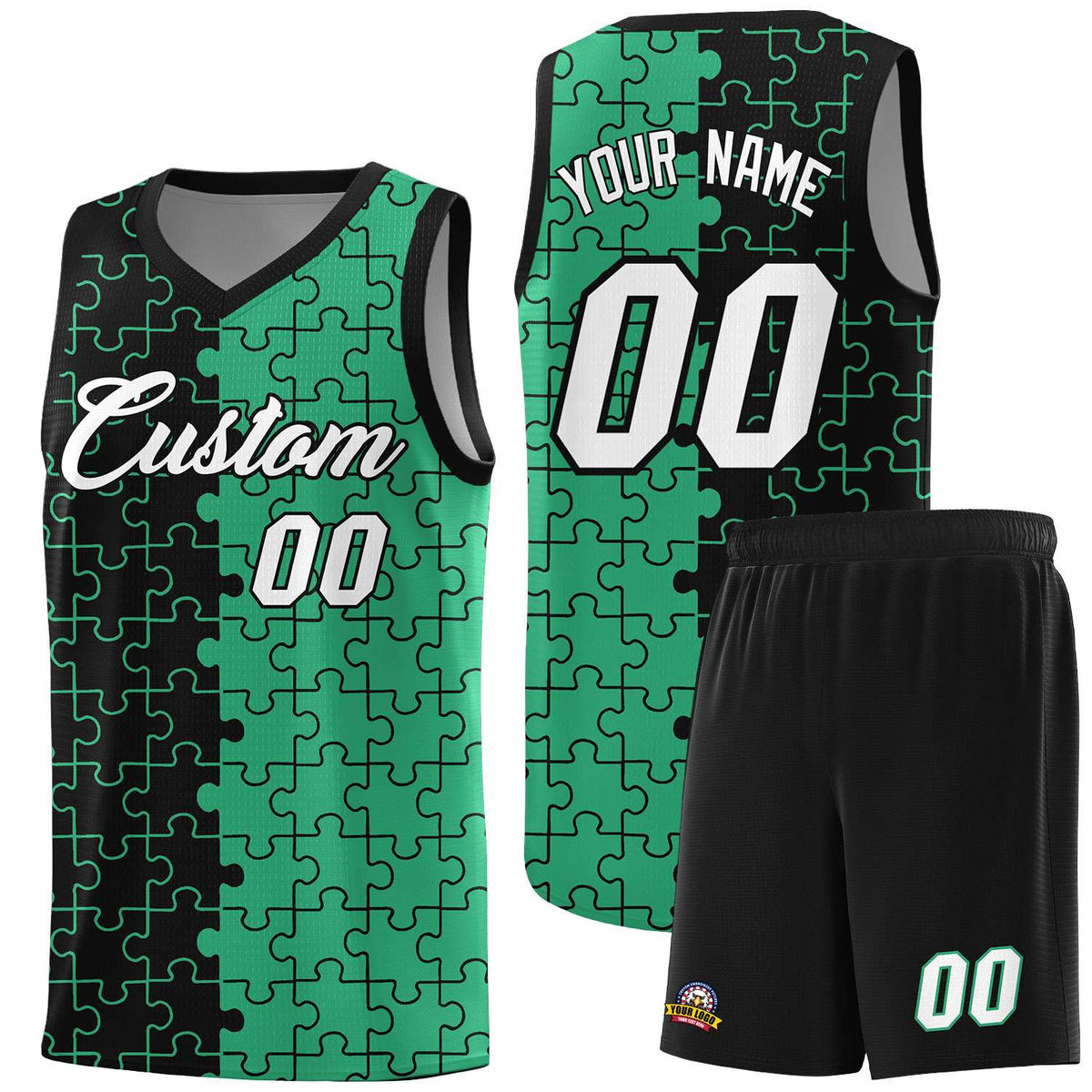 Custom Youth Basketball Jersey Black Green Puzzle Pattern Personalized Team Uniform
