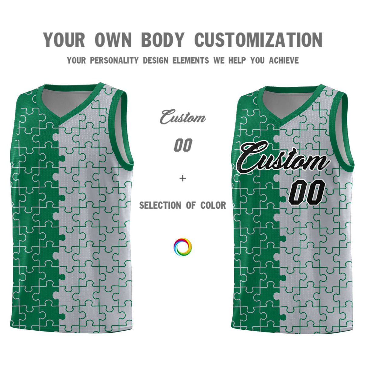 Custom Youth Basketball Jersey Kelly Green Gray Puzzle Pattern Add Name, Number &amp; Team Logo