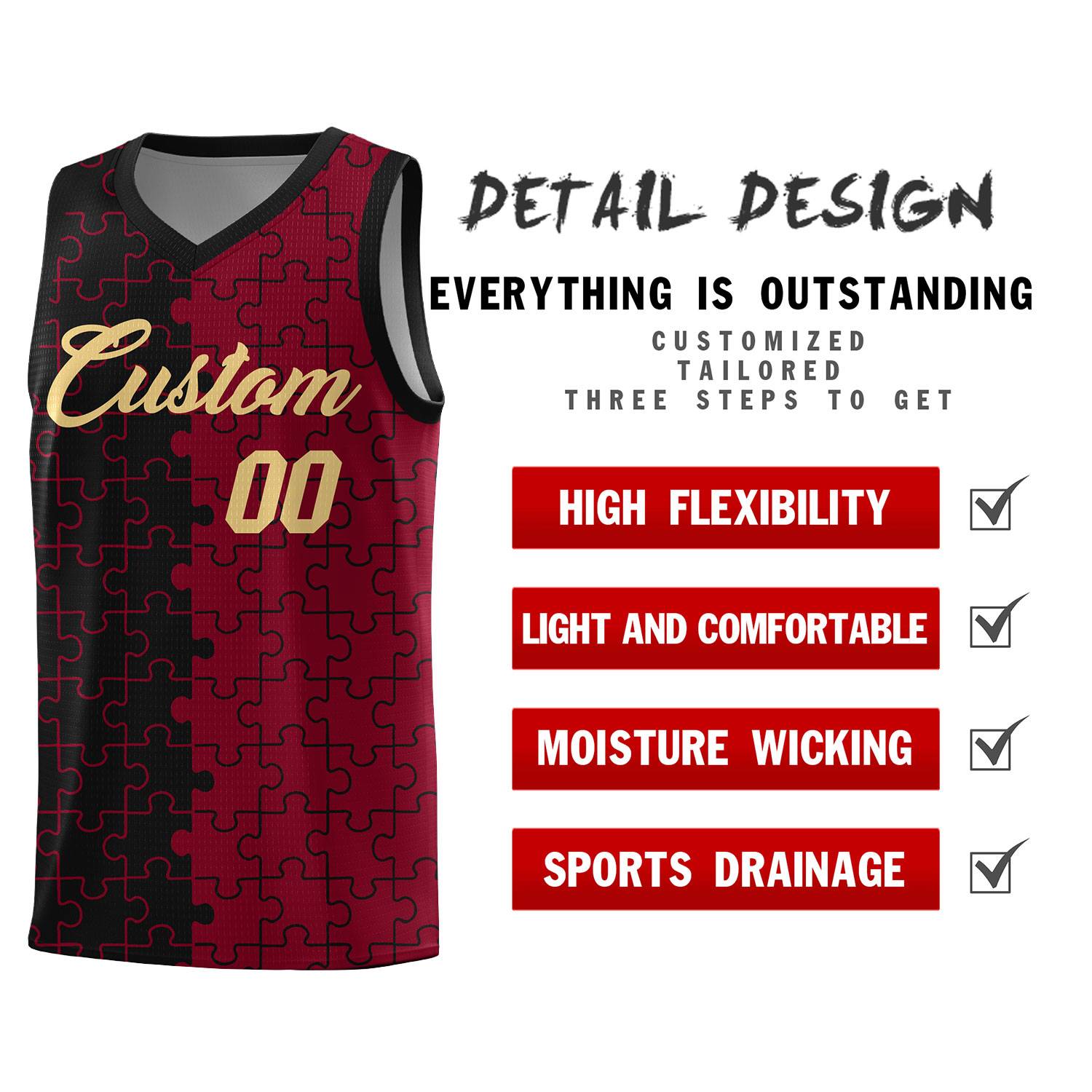 Custom Youth Basketball Jersey Black Crimson Puzzle Pattern Breathable Team Uniform