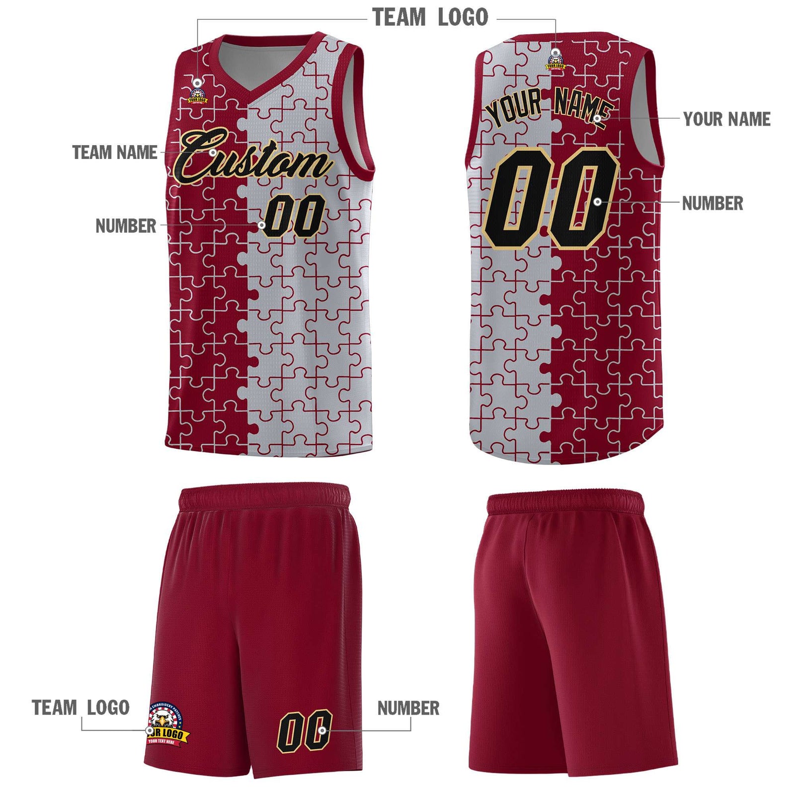 Custom Youth Basketball Jersey Crimson Gray Puzzle Pattern Moisture-Wicking Team Uniform