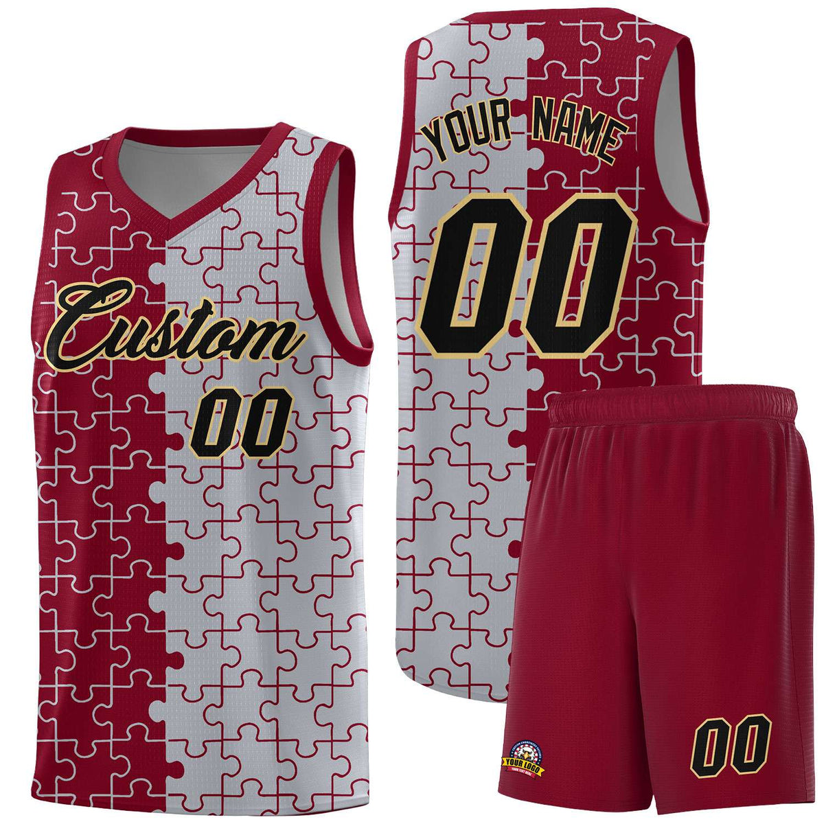 Custom Youth Basketball Jersey Crimson Gray Puzzle Pattern Moisture-Wicking Team Uniform