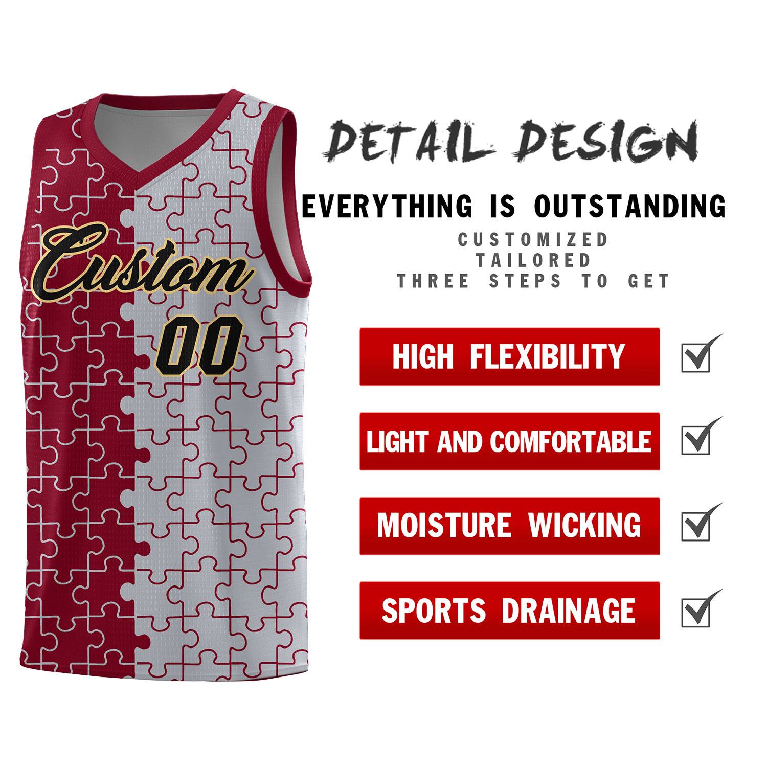 Custom Youth Basketball Jersey Crimson Gray Puzzle Pattern Moisture-Wicking Team Uniform