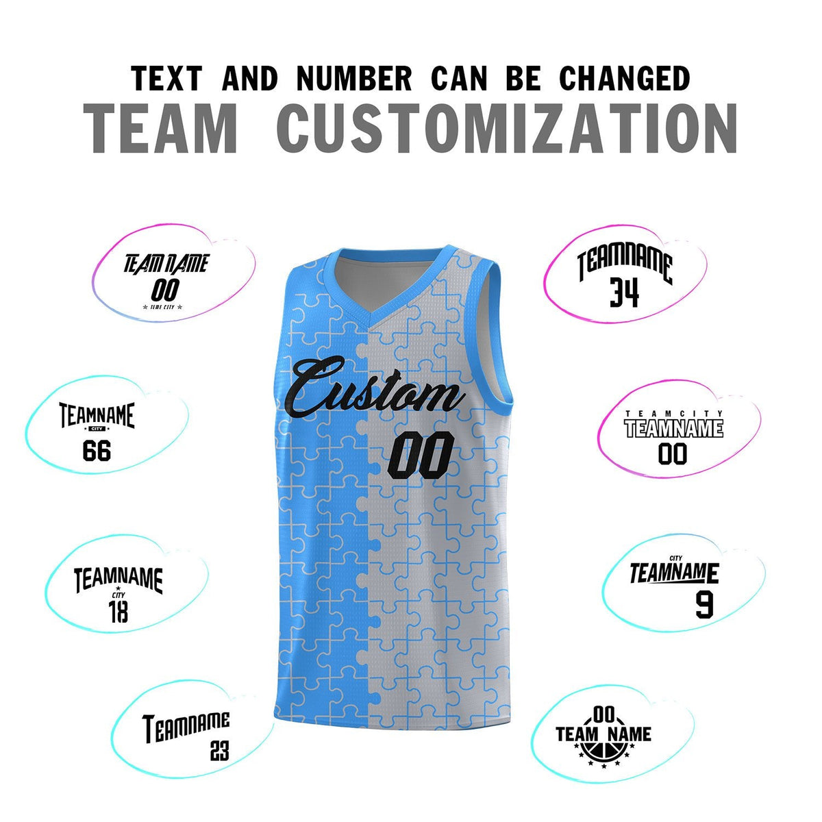 Custom Youth Basketball Jersey Light Blue Gray Puzzle Pattern Add Name, Number &amp; Team Logo