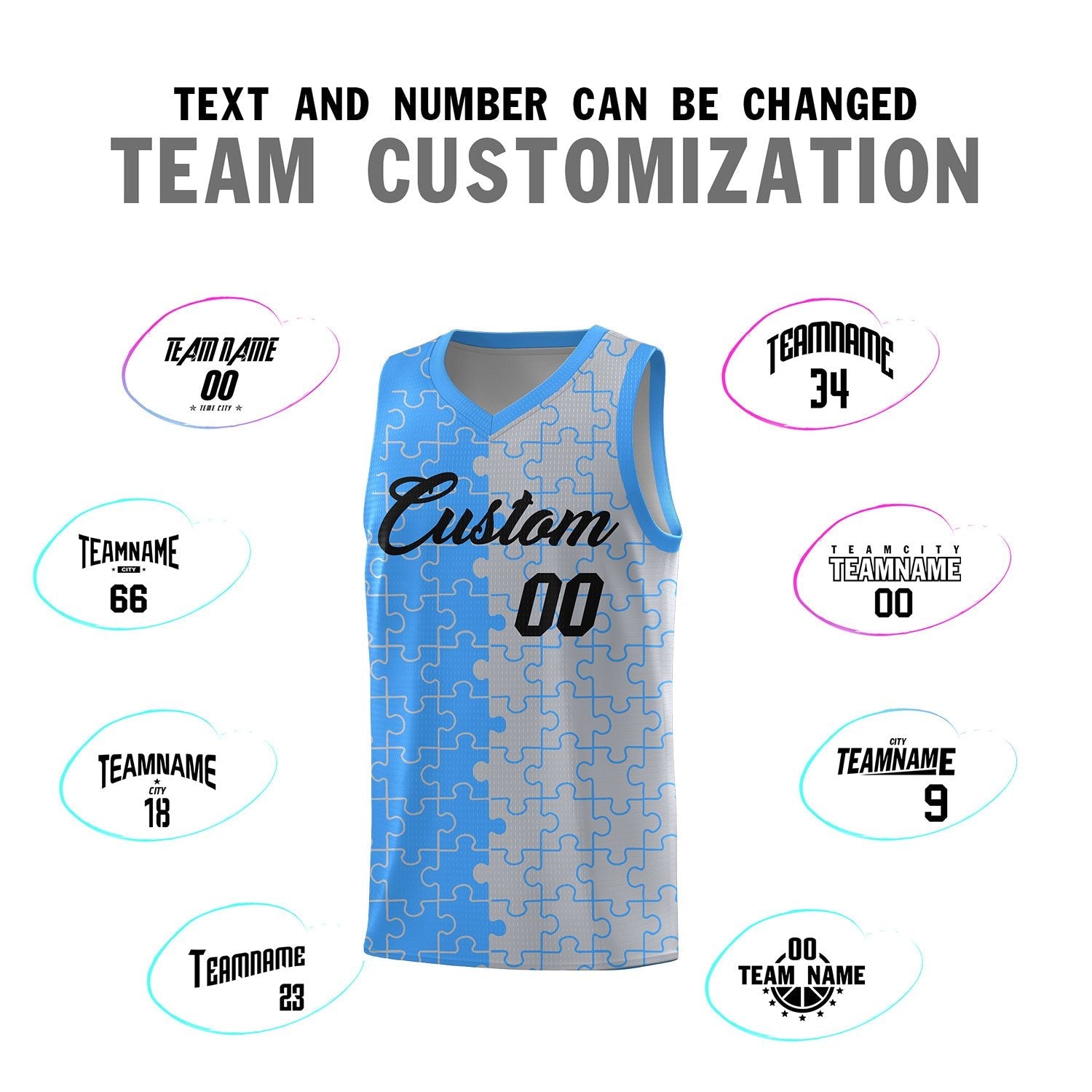 Custom Youth Basketball Jersey Light Blue Gray Puzzle Pattern Add Name, Number & Team Logo
