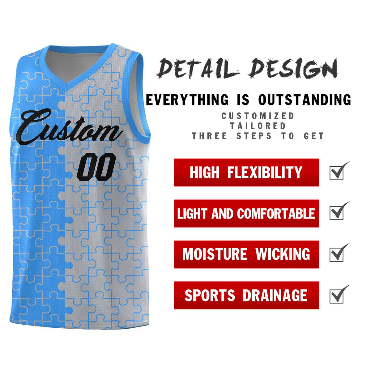 Custom Youth Basketball Jersey Light Blue Gray Puzzle Pattern Add Name, Number &amp; Team Logo