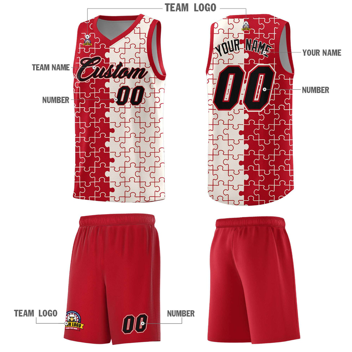 Custom Youth Basketball Jersey Red Cream Puzzle Pattern Moisture-Wicking Team Uniform