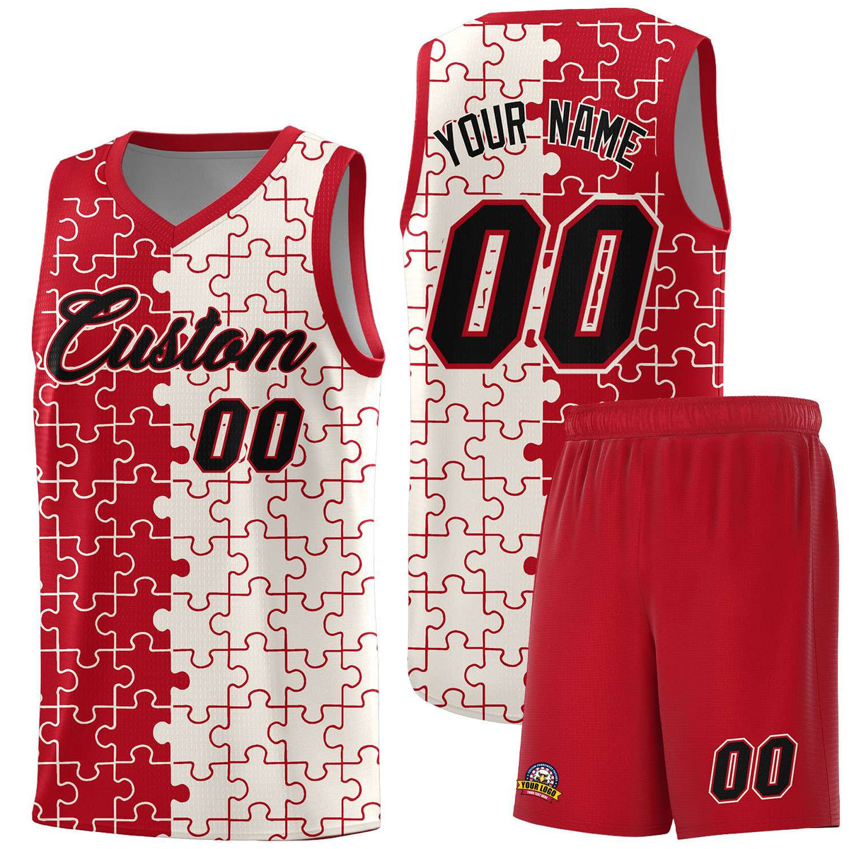 Custom Youth Basketball Jersey Red Cream Puzzle Pattern Moisture-Wicking Team Uniform