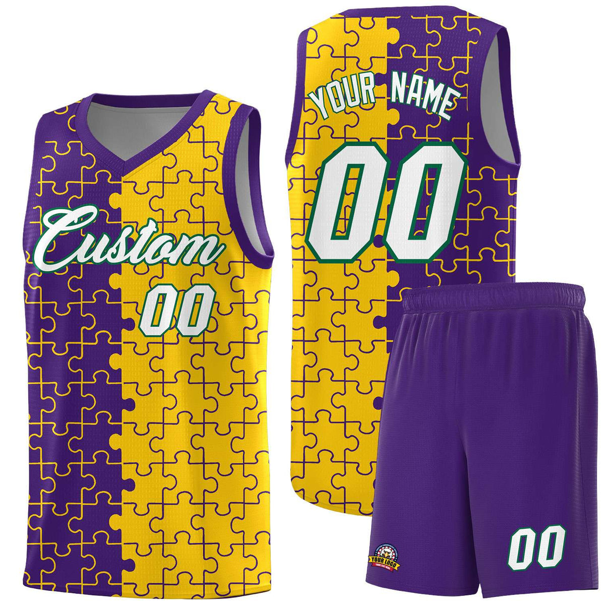 Custom Youth Basketball Jersey Purple Gold Puzzle Pattern Personalized Team Uniform