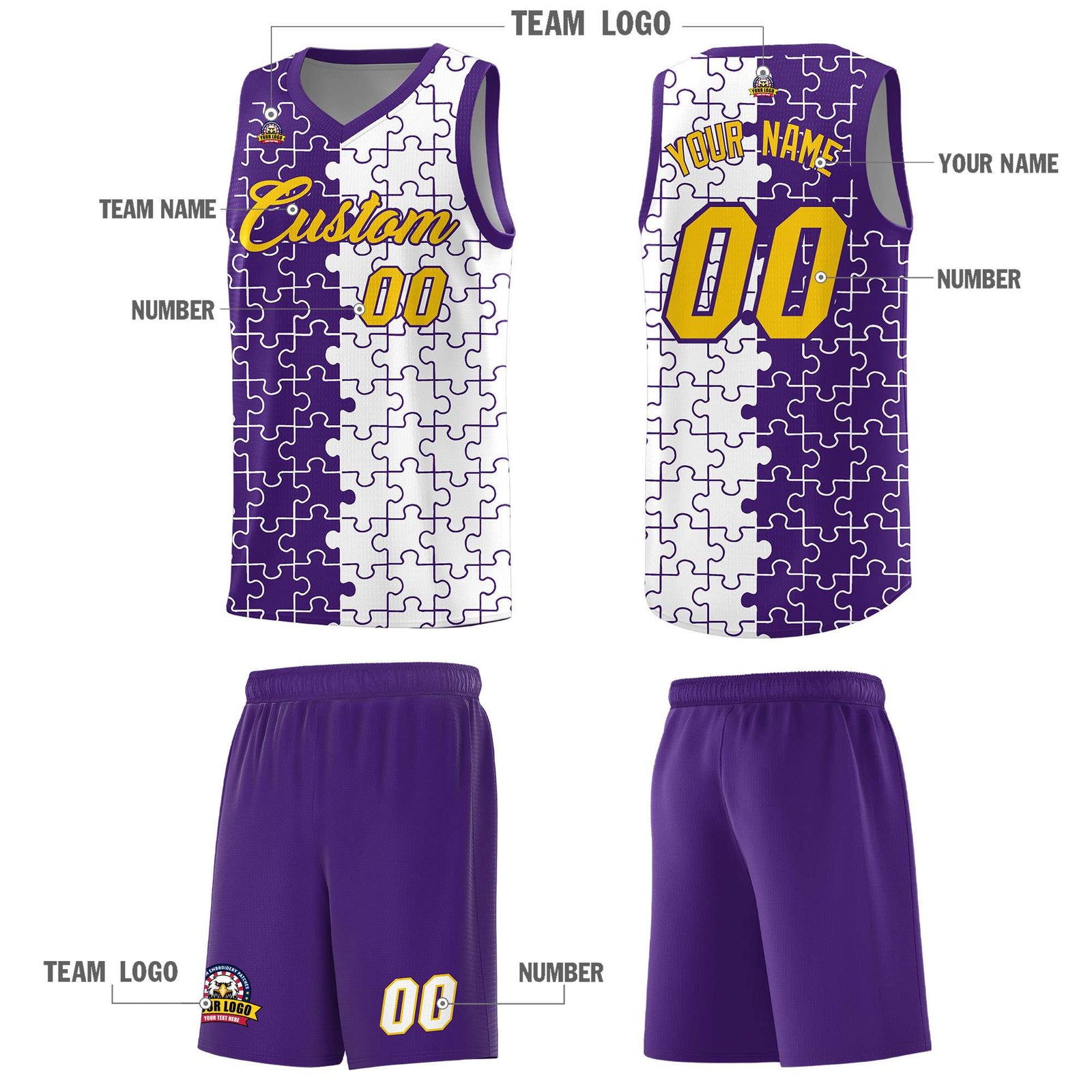 Custom Youth Basketball Jersey Purple White Puzzle Pattern Add Name, Number & Team Logo