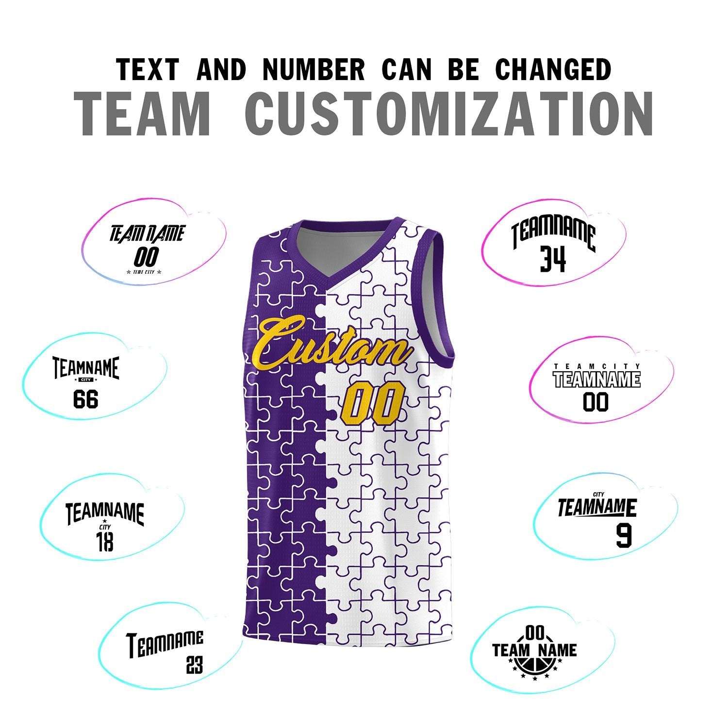 Custom Youth Basketball Jersey Purple White Puzzle Pattern Add Name, Number & Team Logo