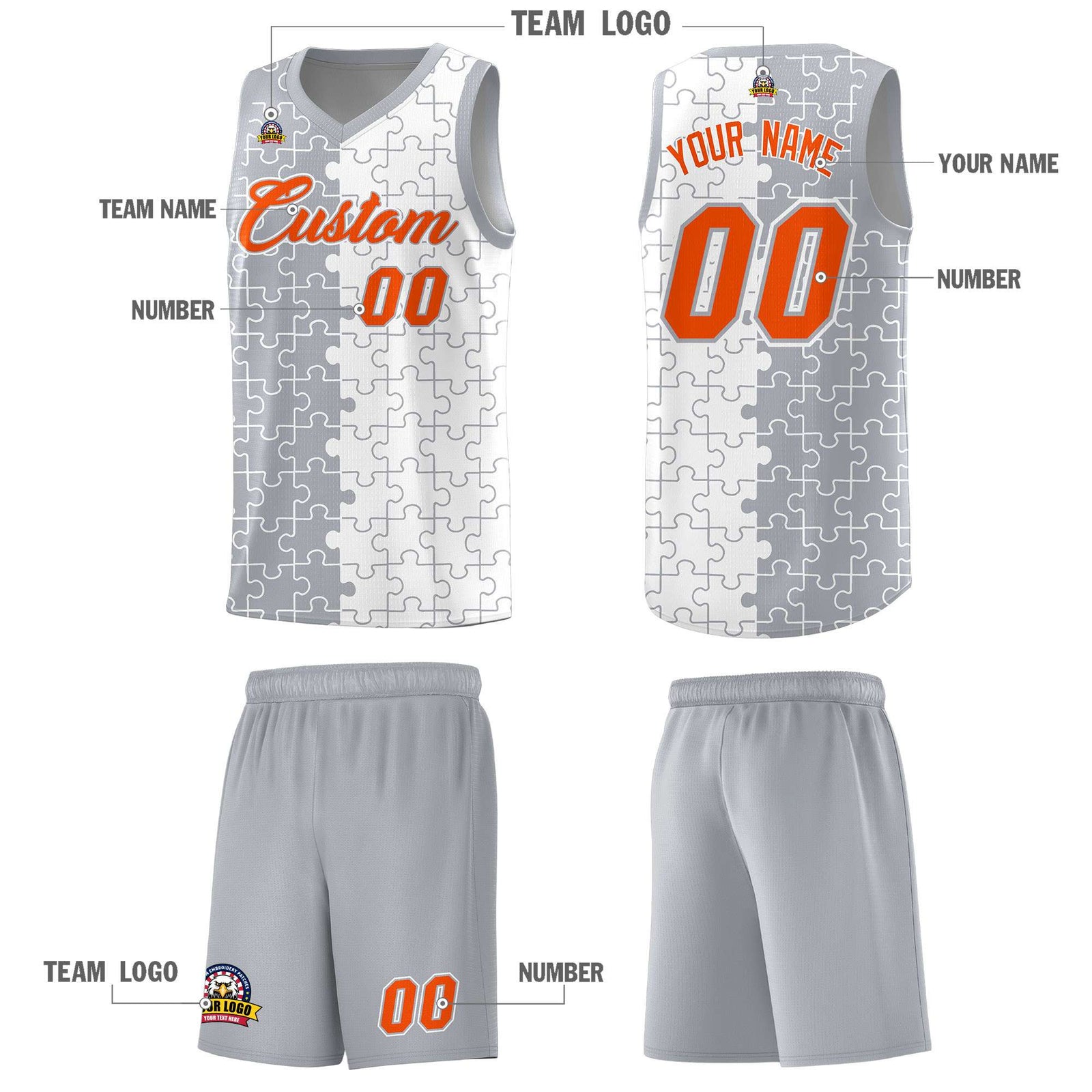 Custom Youth Basketball Jersey Gray White Puzzle Pattern Breathable Team Uniform