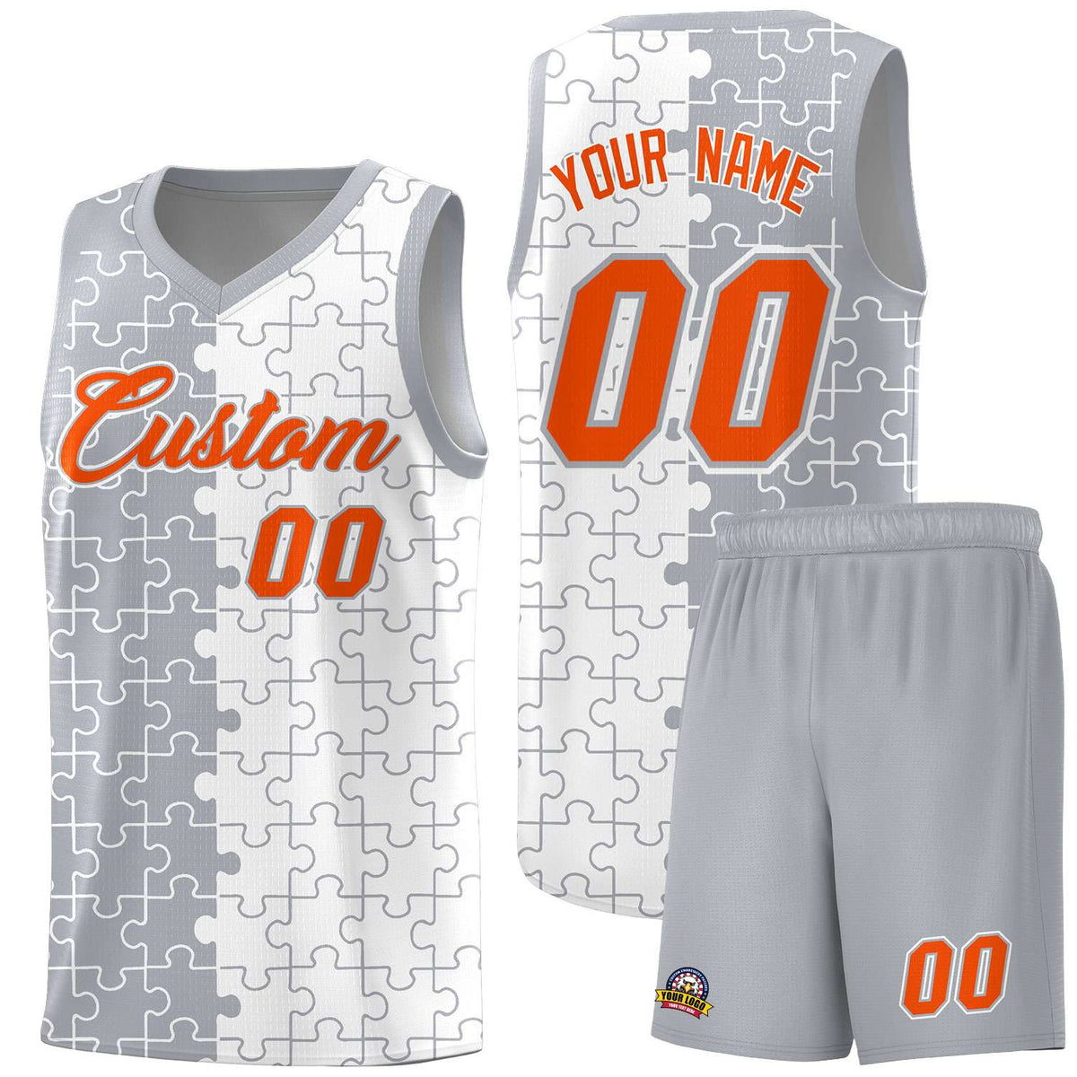 Custom Youth Basketball Jersey Gray White Puzzle Pattern Breathable Team Uniform