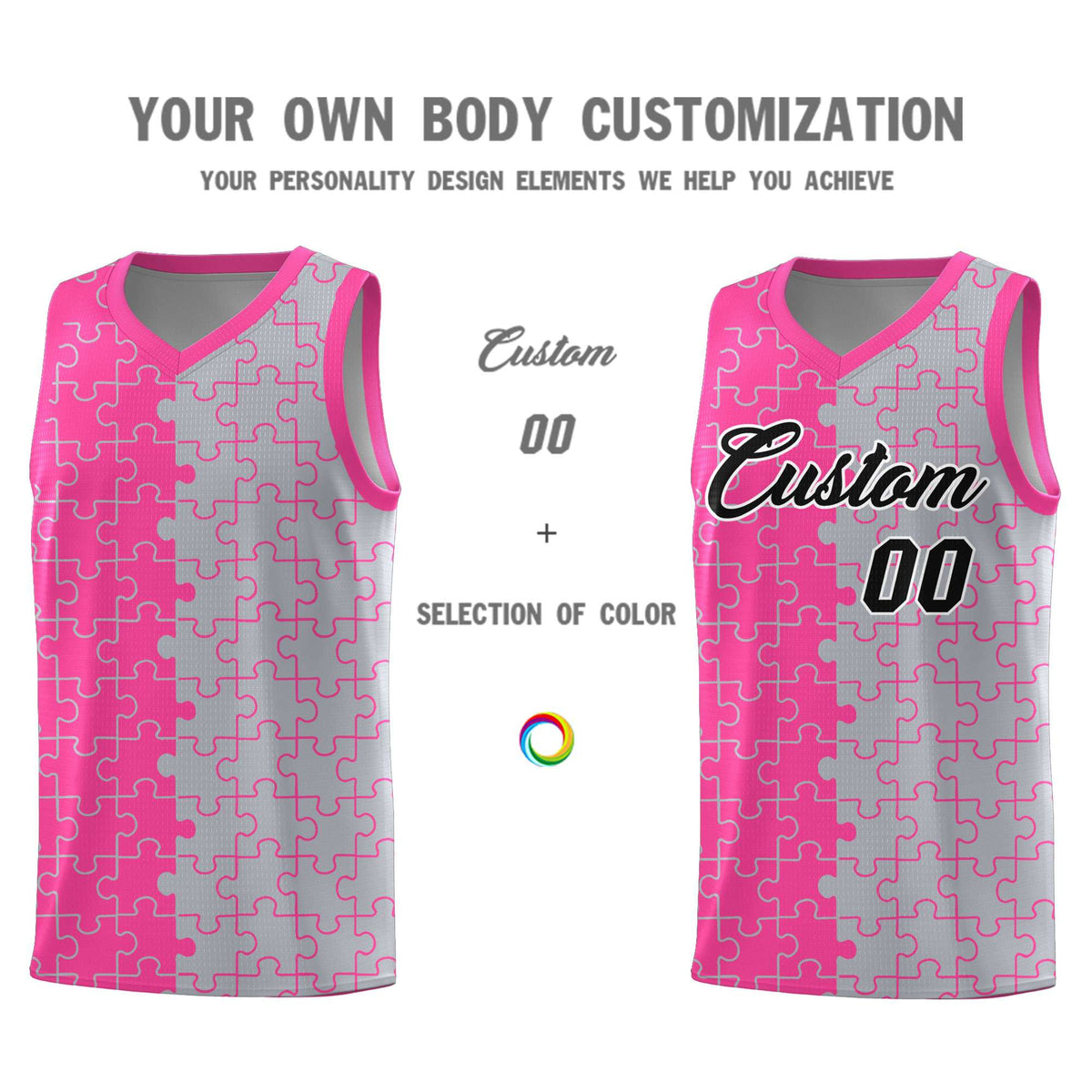 Custom Youth Basketball Jersey Pink Gray Puzzle Pattern Personalized Team Uniform