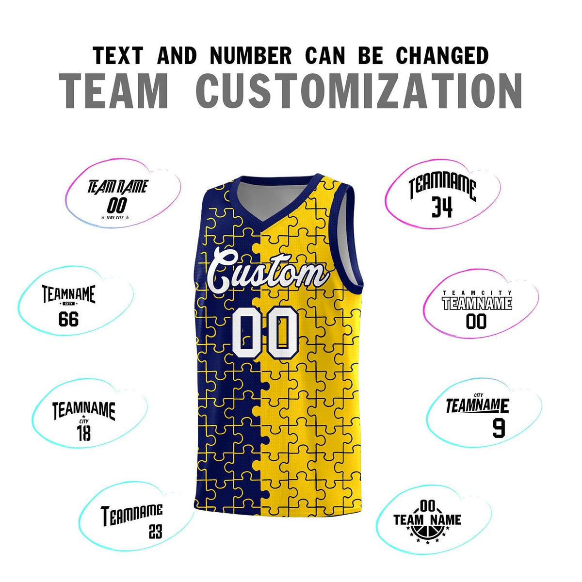 Custom Youth Basketball Jersey Navy Gold Puzzle Pattern Personalized Team Uniform