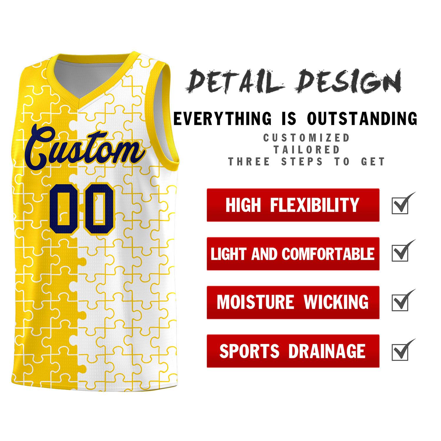 Custom Youth Basketball Jersey Gold White Puzzle Pattern Add Name, Number & Team Logo