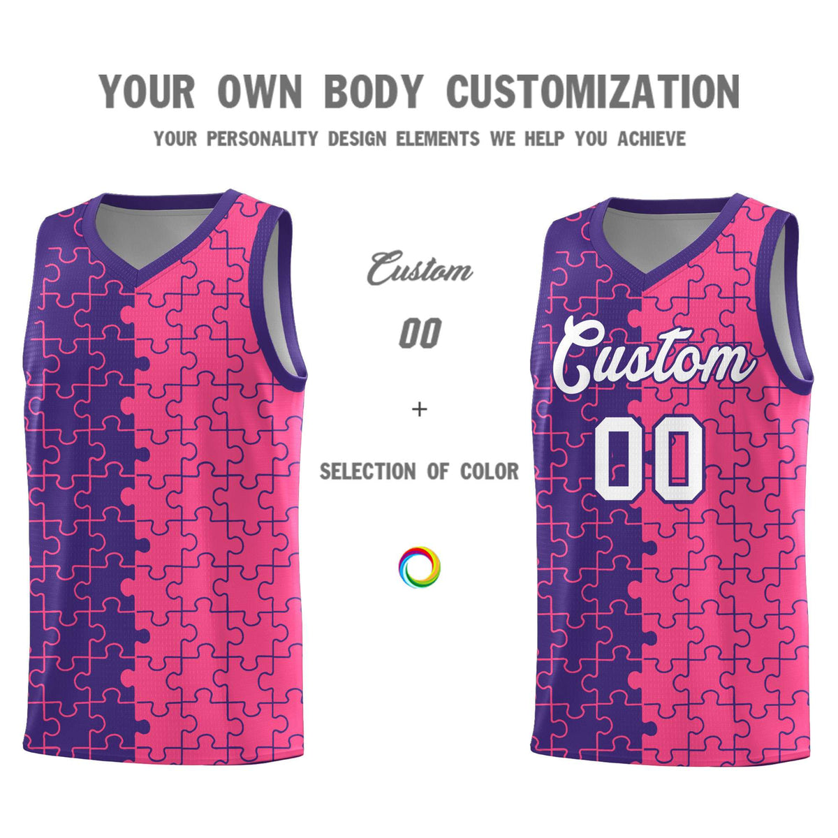 Custom Youth Basketball Jersey Purple Pink Puzzle Pattern Breathable Team Uniform