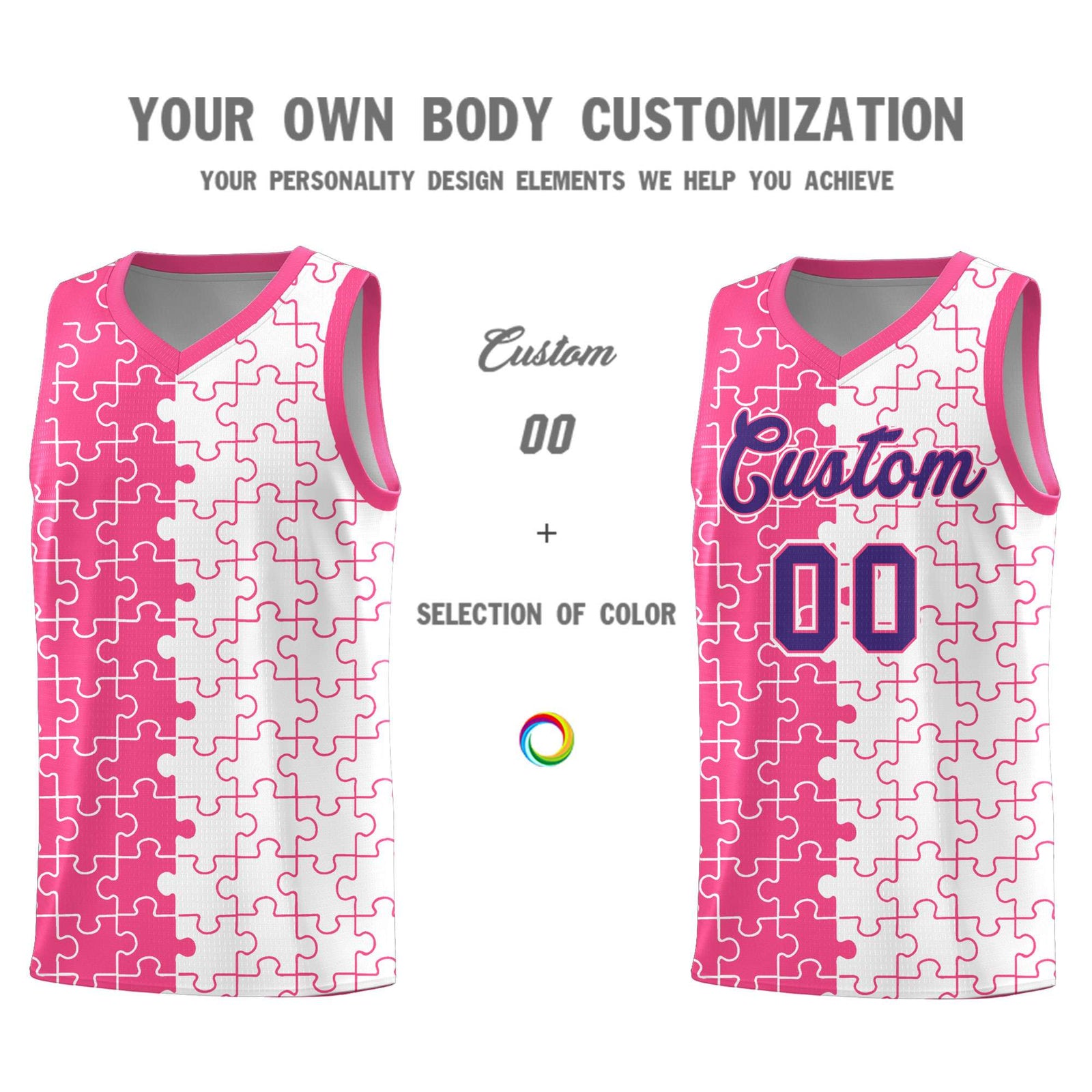 Custom Youth Basketball Jersey Pink White Puzzle Pattern Moisture-Wicking Team Uniform