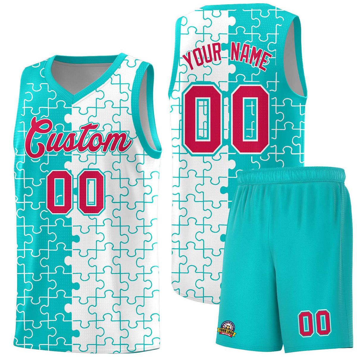 Custom Youth Basketball Jersey Aqua White Puzzle Pattern Personalized Team Uniform