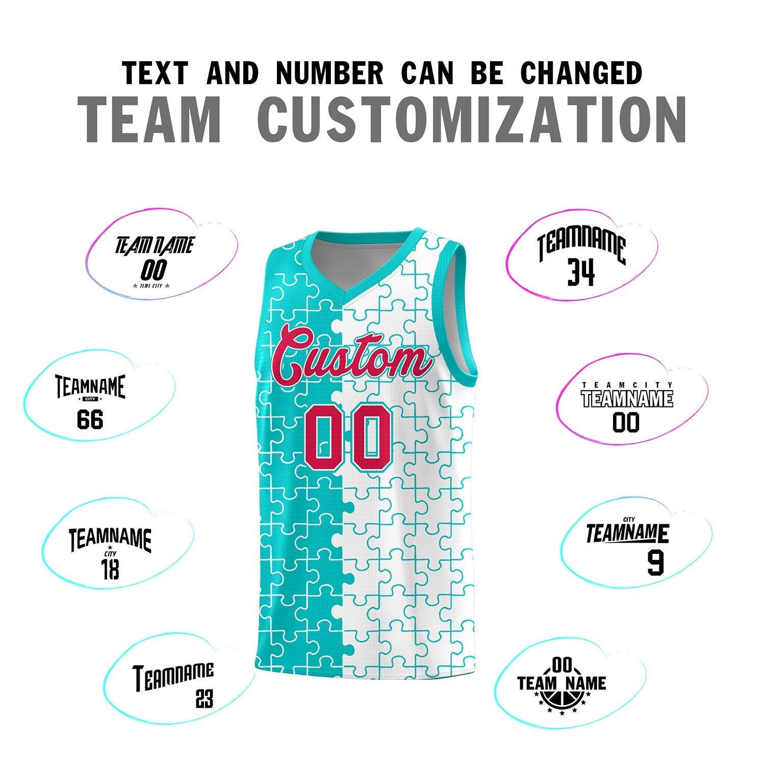 Custom Youth Basketball Jersey Aqua White Puzzle Pattern Personalized Team Uniform