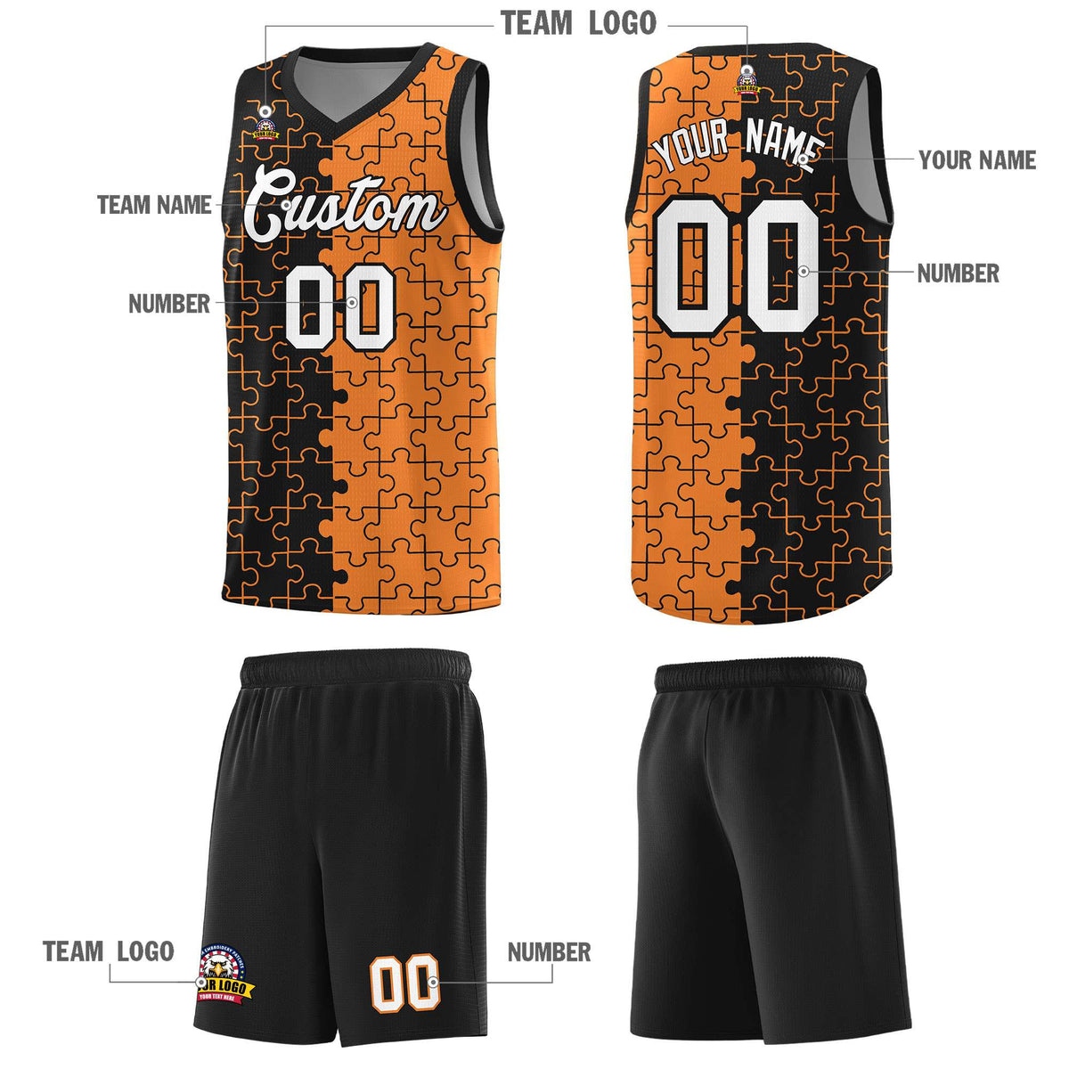 Custom Youth Basketball Jersey Black Gold Orange Puzzle Pattern Add Name, Number &amp; Team Logo