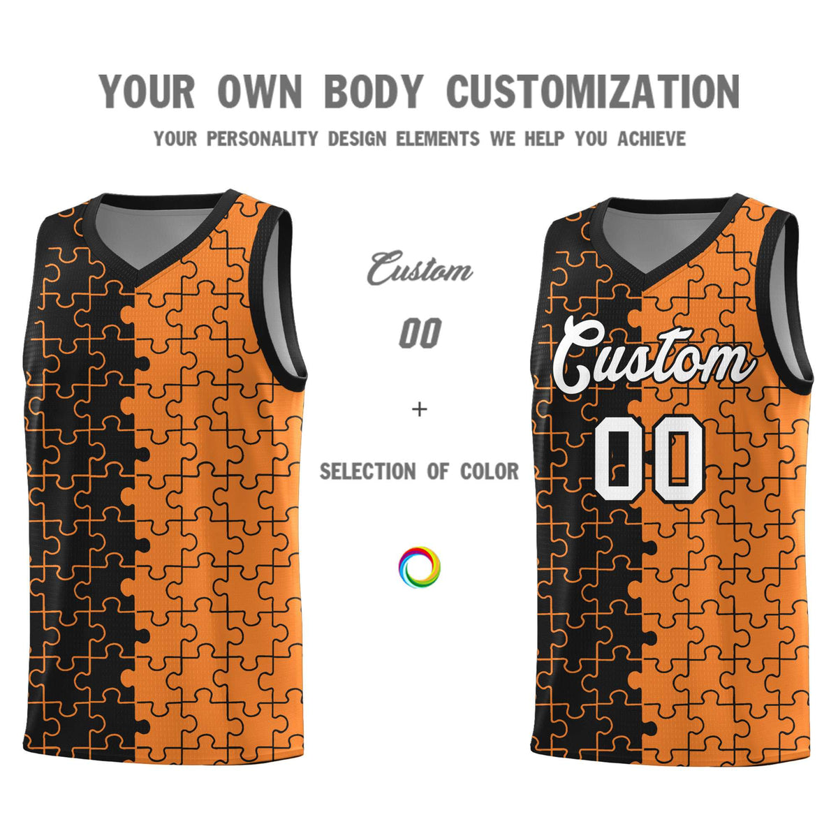 Custom Youth Basketball Jersey Black Gold Orange Puzzle Pattern Add Name, Number &amp; Team Logo