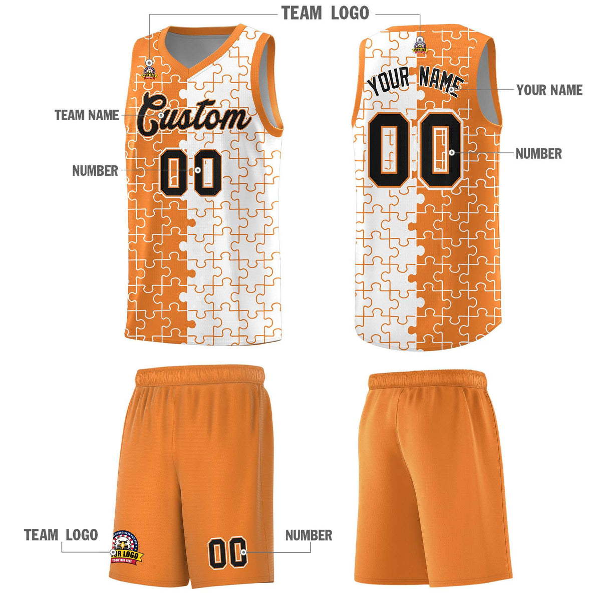 Custom Youth Basketball Jersey Gold Orange White Puzzle Pattern Breathable Team Uniform