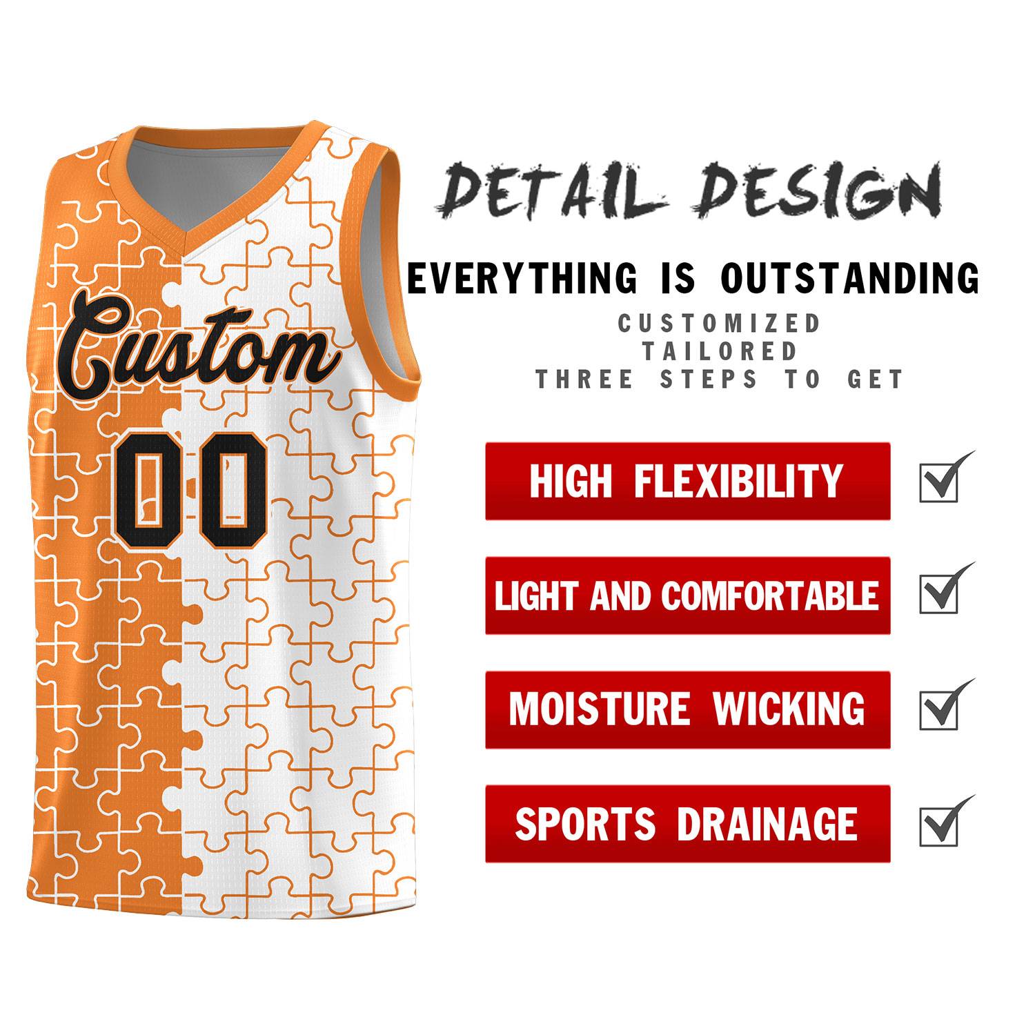 Custom Youth Basketball Jersey Gold Orange White Puzzle Pattern Breathable Team Uniform