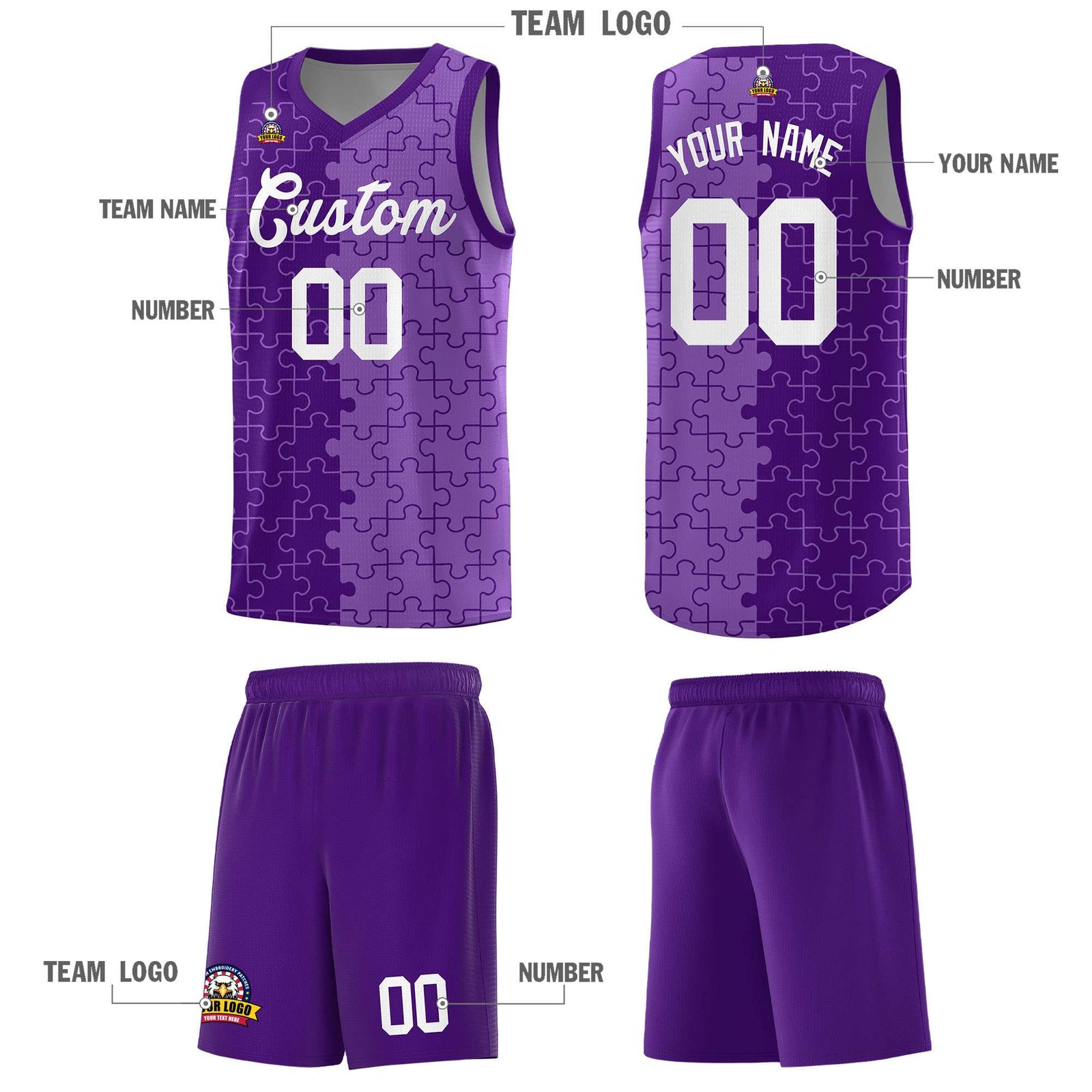 Custom Youth Basketball Jersey Purple Light Purple Puzzle Pattern Add Name, Number & Team Logo