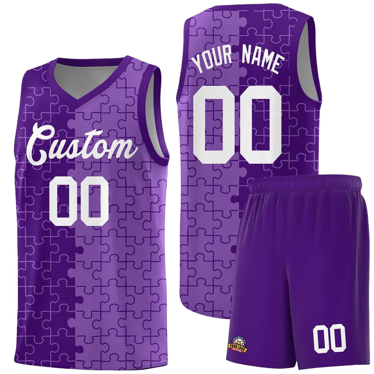 Custom Youth Basketball Jersey Purple Light Purple Puzzle Pattern Add Name, Number &amp; Team Logo
