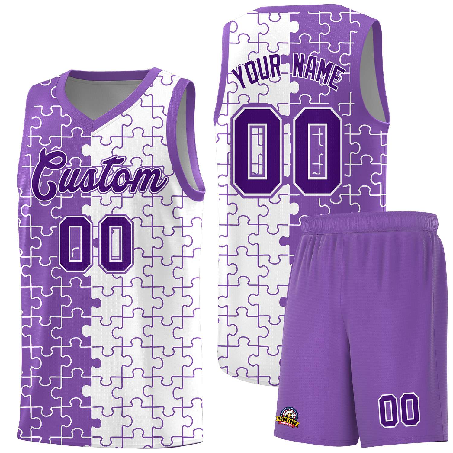Custom Youth Basketball Jersey Light Purple White Puzzle Pattern Breathable Team Uniform