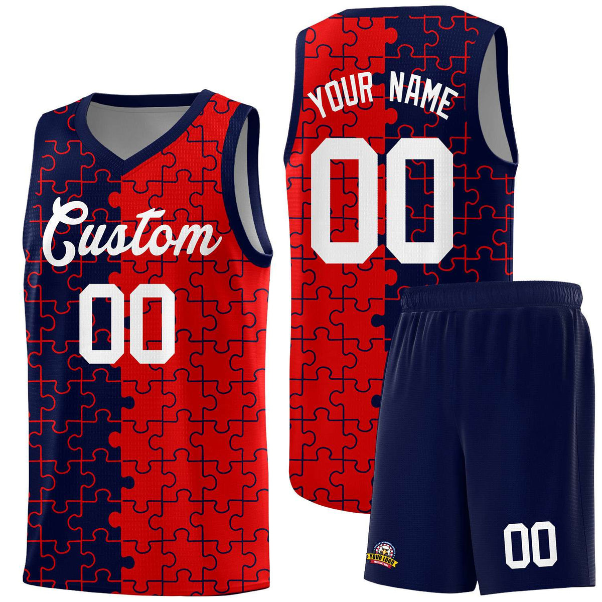 Custom Youth Basketball Jersey Navy Red Puzzle Pattern Personalized Team Uniform