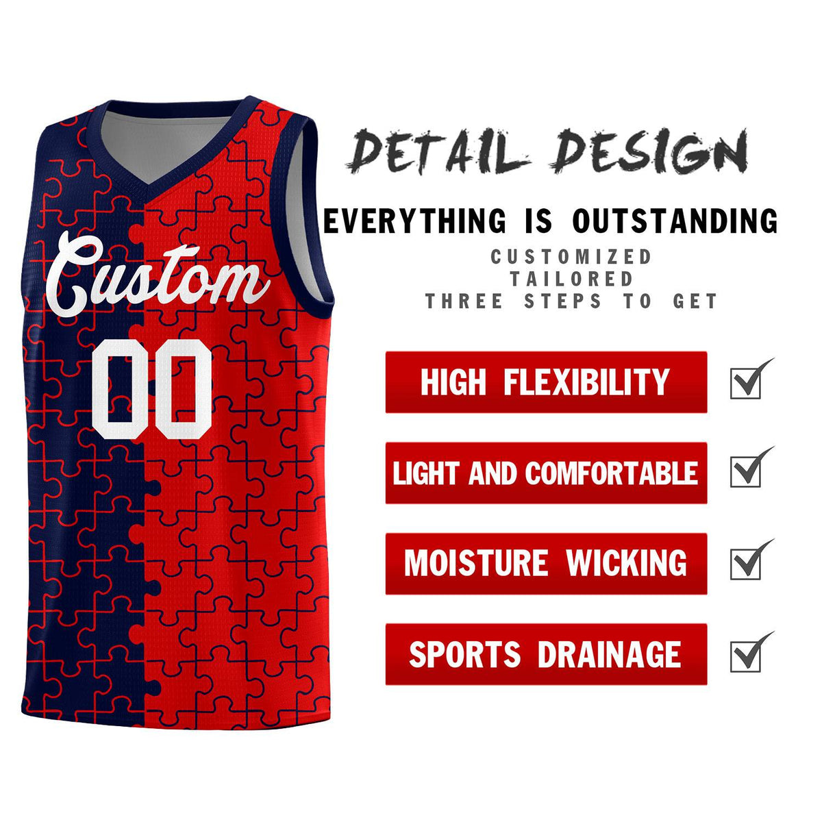 Custom Youth Basketball Jersey Navy Red Puzzle Pattern Personalized Team Uniform