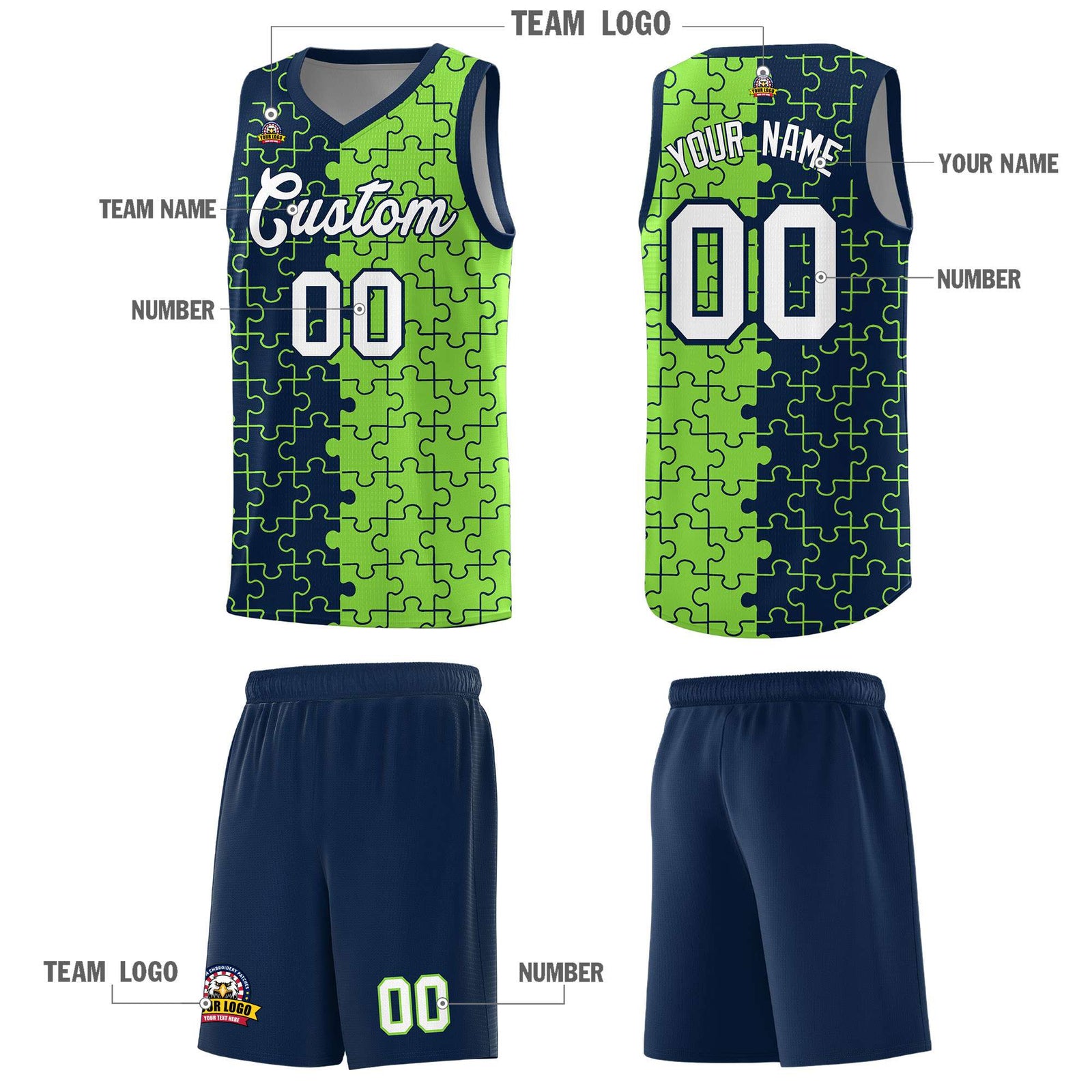 Custom Youth Basketball Jersey Navy Fluorescent Green Puzzle Pattern Moisture-Wicking Team Uniform
